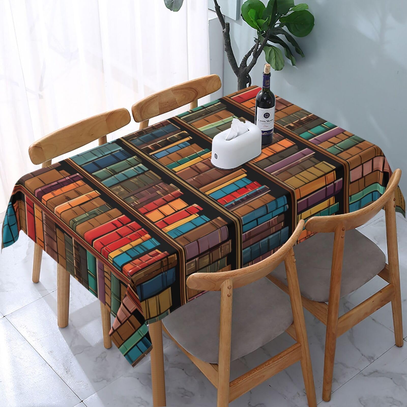 ASPOIJHN (Library Bookshelf) Wipe Clean Rectangle Tablecloth Durable Wrinkle Free Table Cover For Kitchen Dining Room Tabletop 137cm X 183cm