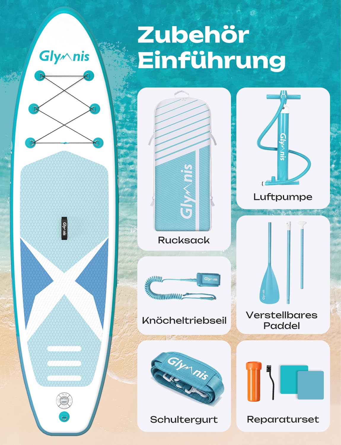Glymnis SUP Board Stand Up Paddling Board Aufblasbares Stand Up Paddle Board Set 10'6" 320x81x15cm 6 Zoll Dick mit Aluminiumpaddel Luftpumpe und komplettem Zubehör