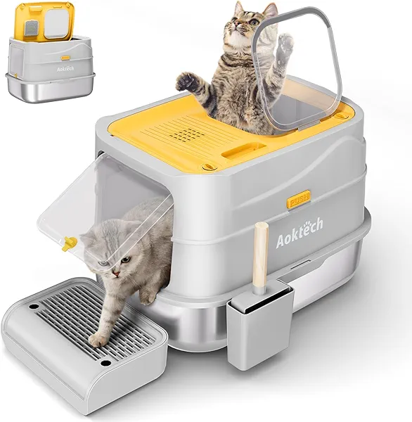Extra Large Stainless Steel Litter Box with Lid & Scoop, Enclosed Metal Kitty Litter Box with Step, Front Entry Top Exit, Odor Control, Anti-Leakage, Non-Sticky, Easy Cleaning