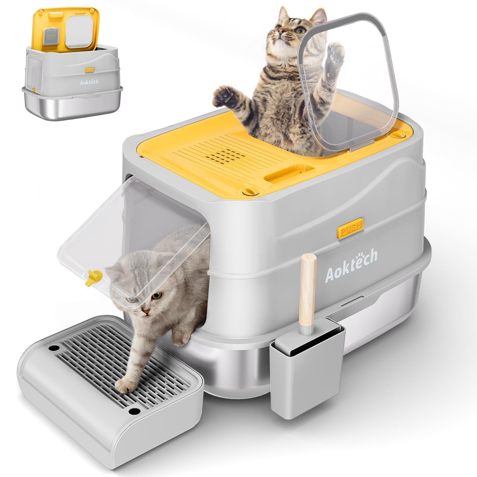 Extra Large Stainless Steel Litter Box with Lid & Scoop, Enclosed Metal Kitty Litter Box with Step, Front Entry Top Exit, Odor Control, Anti-Leakage, Non-Sticky, Easy Cleaning