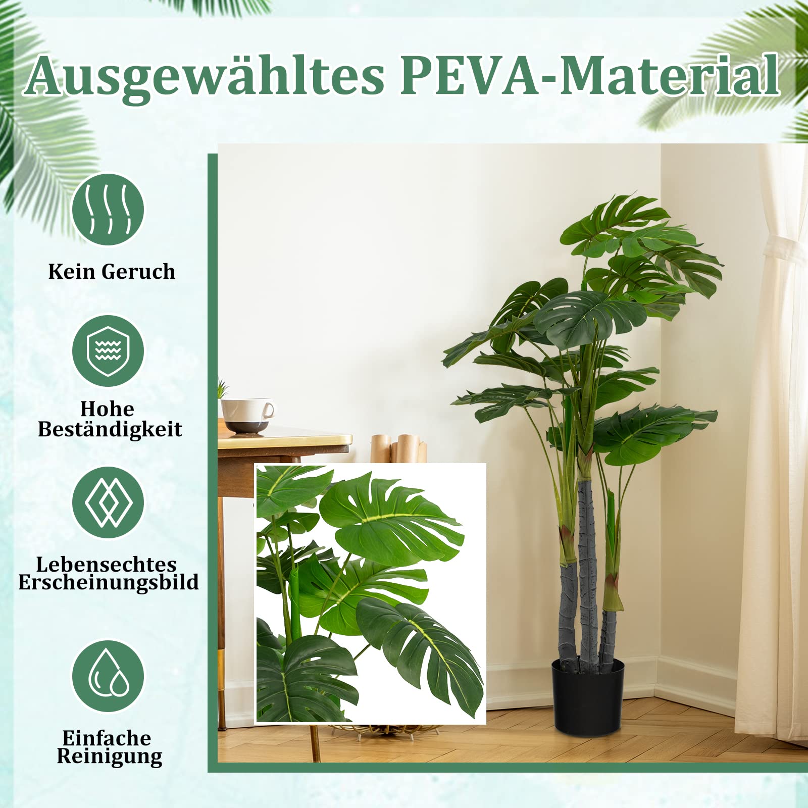 GOPLUS Sztuczne drzewko monstera o wysokości 120 cm, sztuczna roślina Monstera Deliciosa z 20 dużymi liśćmi, 3 pniami i realistycznym mchem, zawsze zielona sztuczna roślina z doniczką do wewnątrz i na zewnątrz