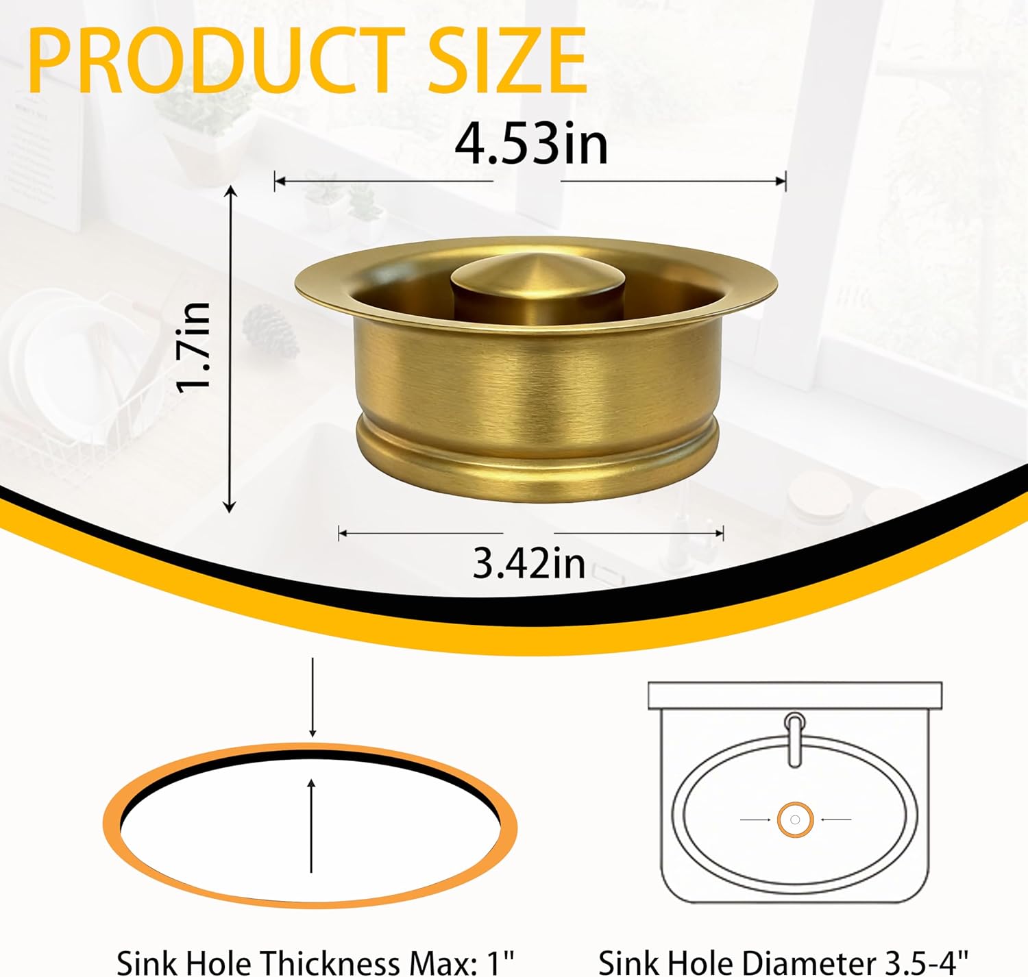 Kitchen Sink Garbage Disposal Flange and Stopper, Universal Flange Fit 3-1/2 Inch Sink Drain, 304 Stainless Steel Replacement Accessory for Garbage Disposer (Gold)
