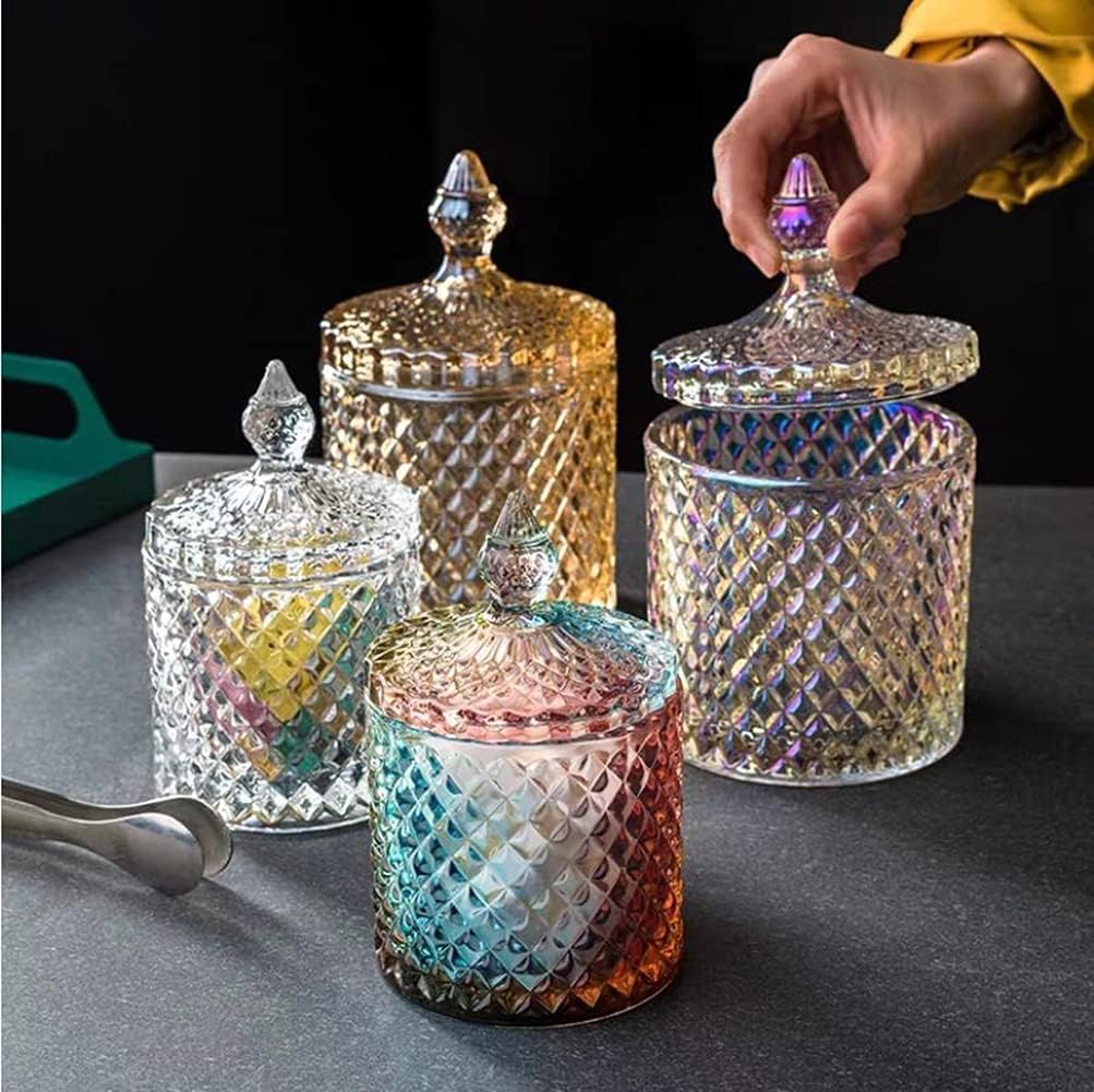Glass Candy Jar with Lids 300m/10OZ Glassware Crystal Candy Dishes Food Storage Container Sugar Cube Bowl Apothecary Jars for Wedding Party Display (Clear)