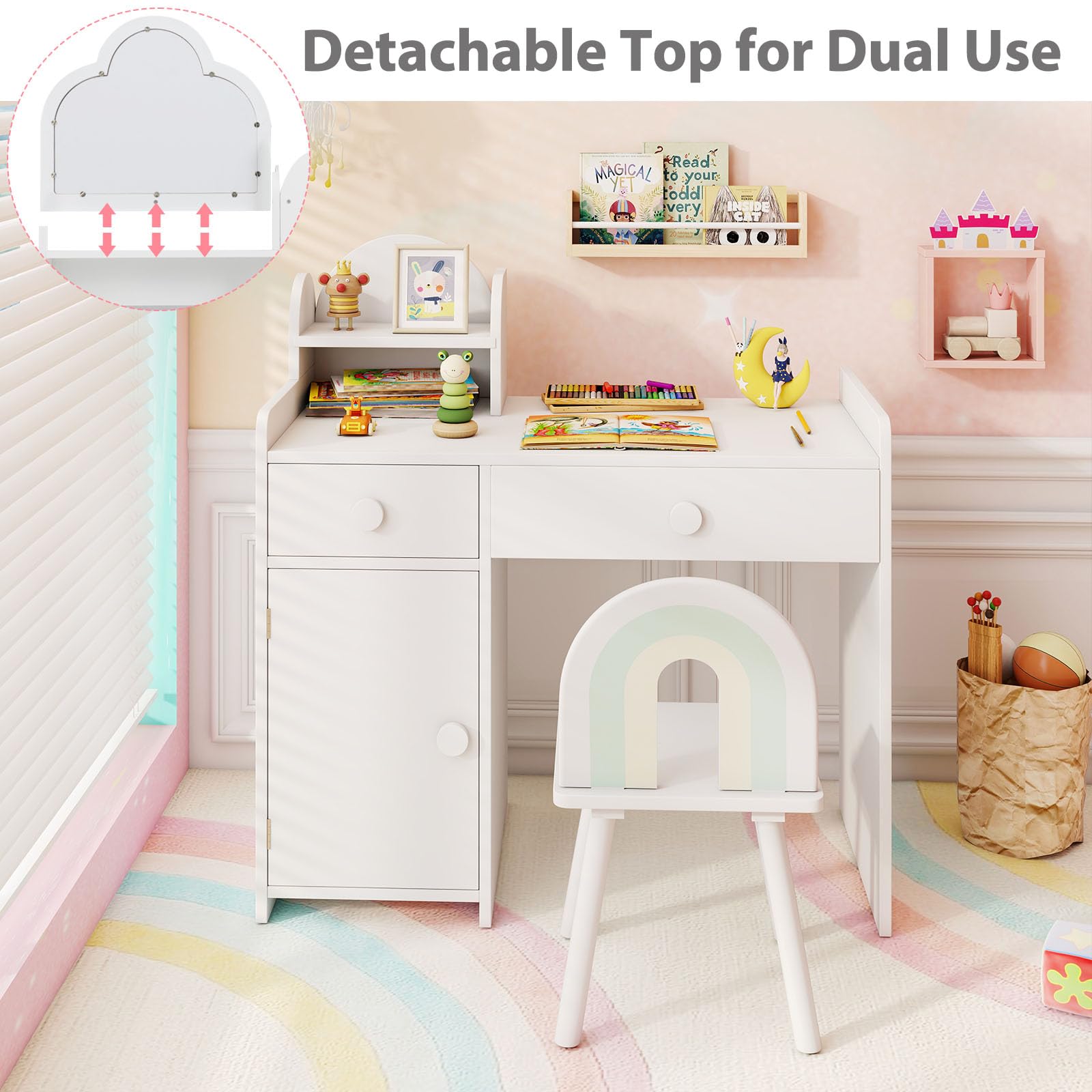 LIFEZEAL 2 en 1 Coiffeuse Enfant Fille avec Chaise & Miroir Amovible, Table de Maquillage avec Tabouret, Casier, 2 Tiroirs, étagère, Bureau en Bois 3-7 Ans, Blanc