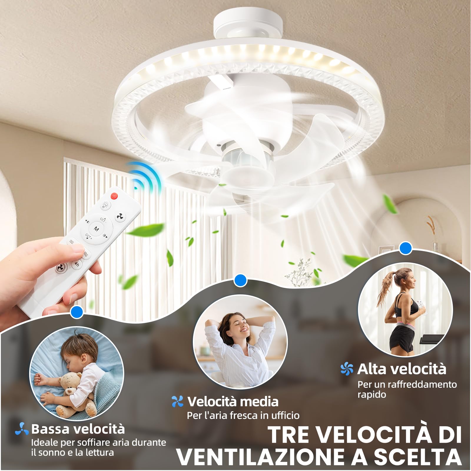 YOOHBERRYS Ventilatore da Soffitto Con Luce e Telecomando, Piccolo Lampadario con Ventilatore da Soffitto, E27 Plafoniera Ventilatores Soffittos, 360 Rotazione, 3 Velocità e Timer(30cm*17.5cm)