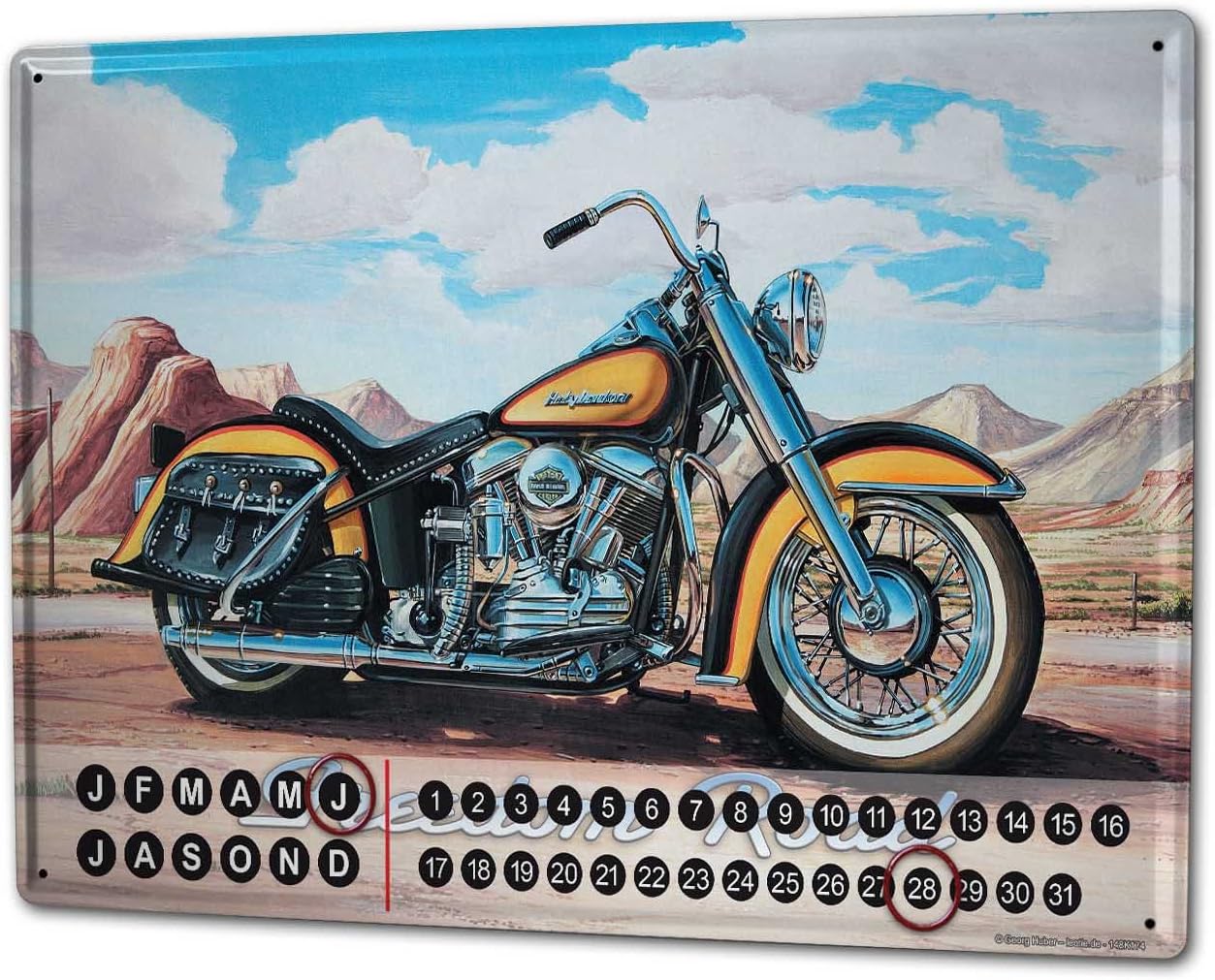 Perpetual Calendar Motorcycle Garage G. Huber Freedom Road Tin Metal Magnetic
