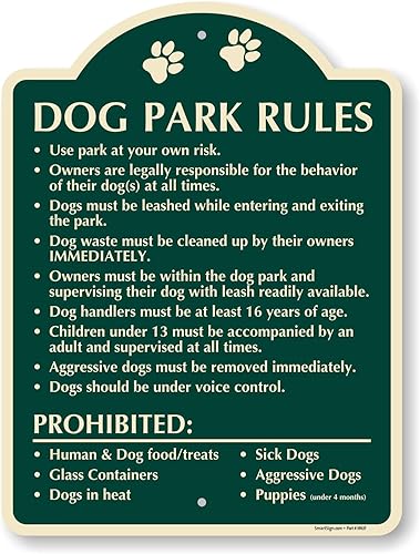 SmartSign Cartel de diseño "Dog Park Rules - Use At Your Own Risk, Owners Legally Responsible …", 18" x 24", compuesto de aluminio de 120 mil (ACM)