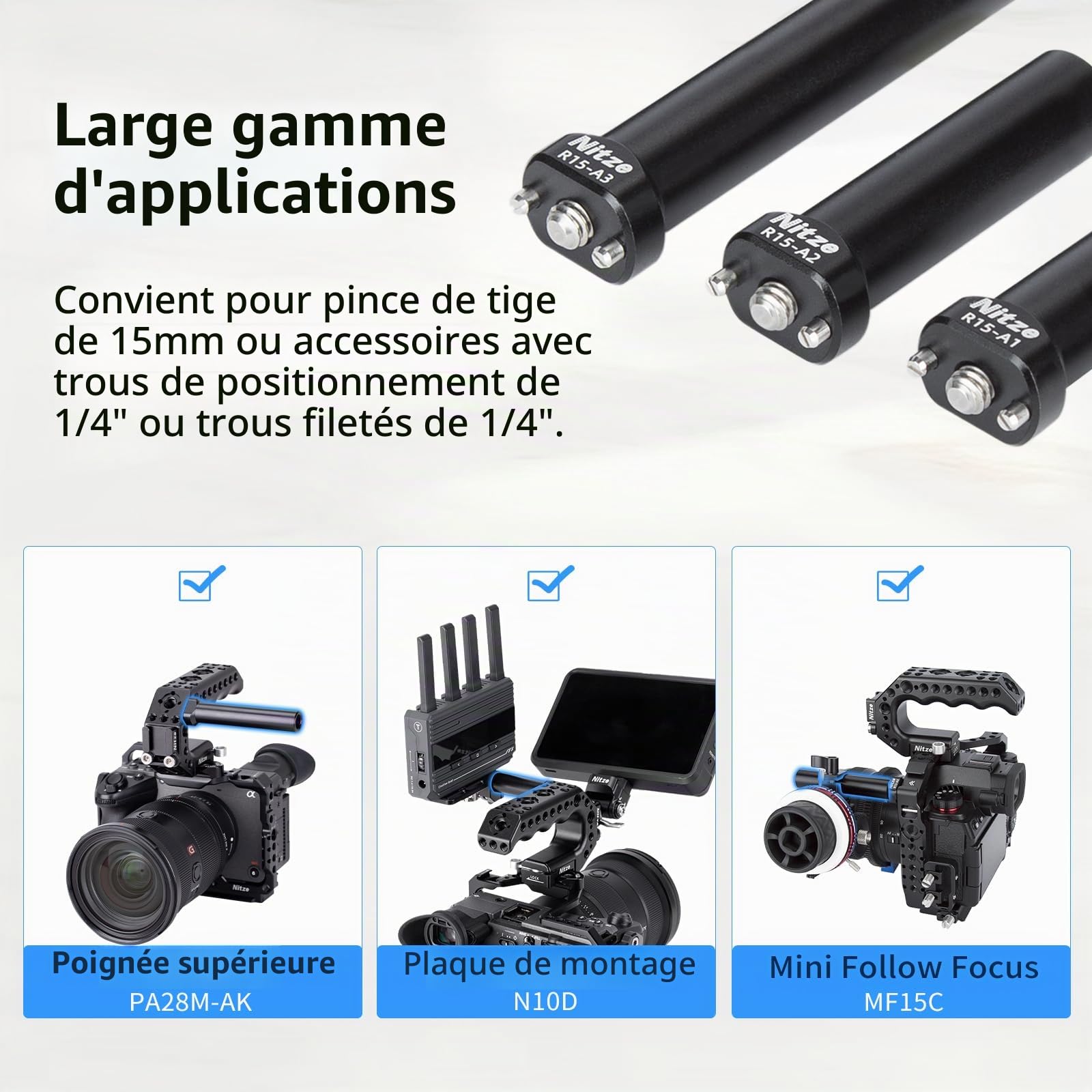 Nitze 15 mm Rod Kits avec Broches de Positionnement de 1/4", 1 Pouce/2 Pouces/3 Pouces (3 Pièces) Tiges en Alliage d'Aluminium de 15 mm pour Cage de Caméra, Poignée Supérieure de Caméra - R15-AK