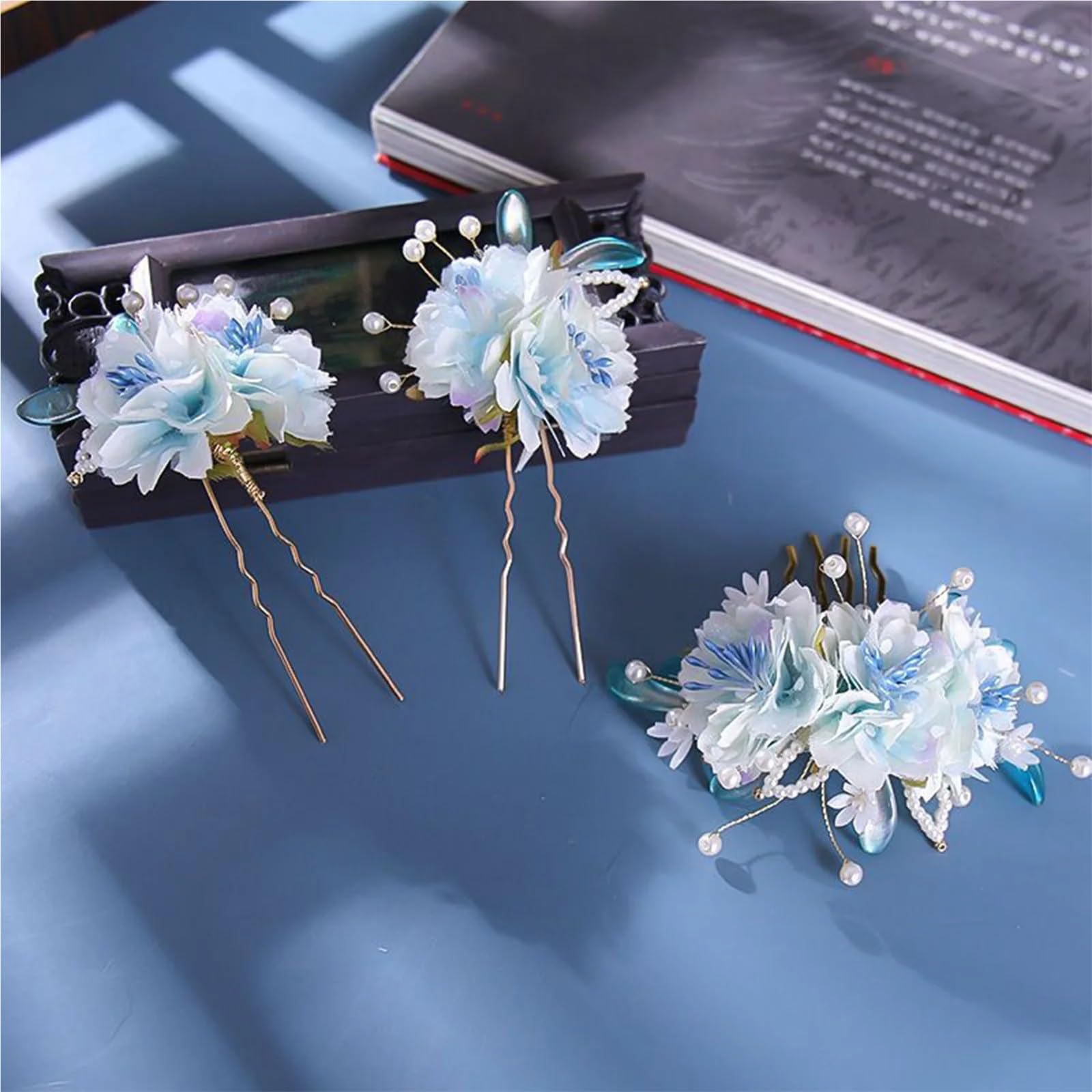 Bacchette per capelli Forcine for capelli a forma di U con fiori blu, fermagli for cinesi retrò, perle, nappe, gioielli for da donna, abito Hanfu per Donne