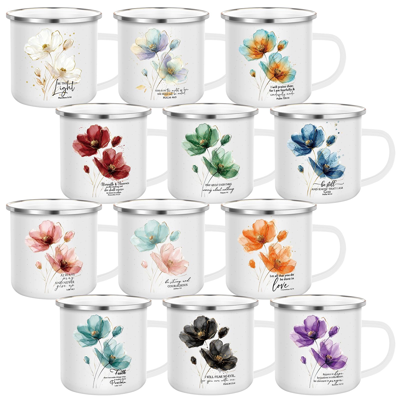 Mifoci 24 Pcs Christian Gift for Women Men 12 Oz Enamel Coffee Mugs Bulk Graduation Bible Verse Coffee Mug with Handle Religious Inspirational Cup Summer Camp Coworker Gift (Smoke Flower,Watercolor)