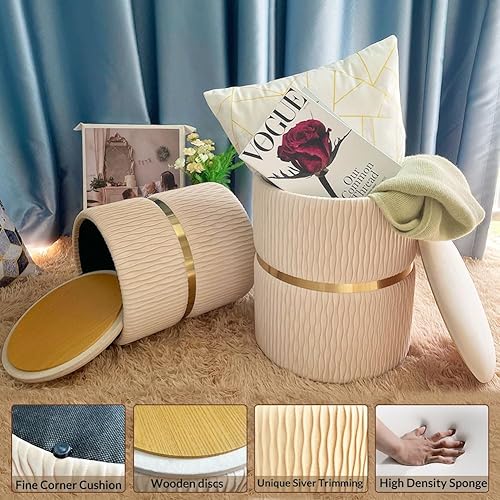 Miniatura 7 de Juego de 2 otomanas redondas con soporte de almacenamiento, 330 libras, reposapies otomano suave, mesa de centro dorada para sala de estar y vestidor