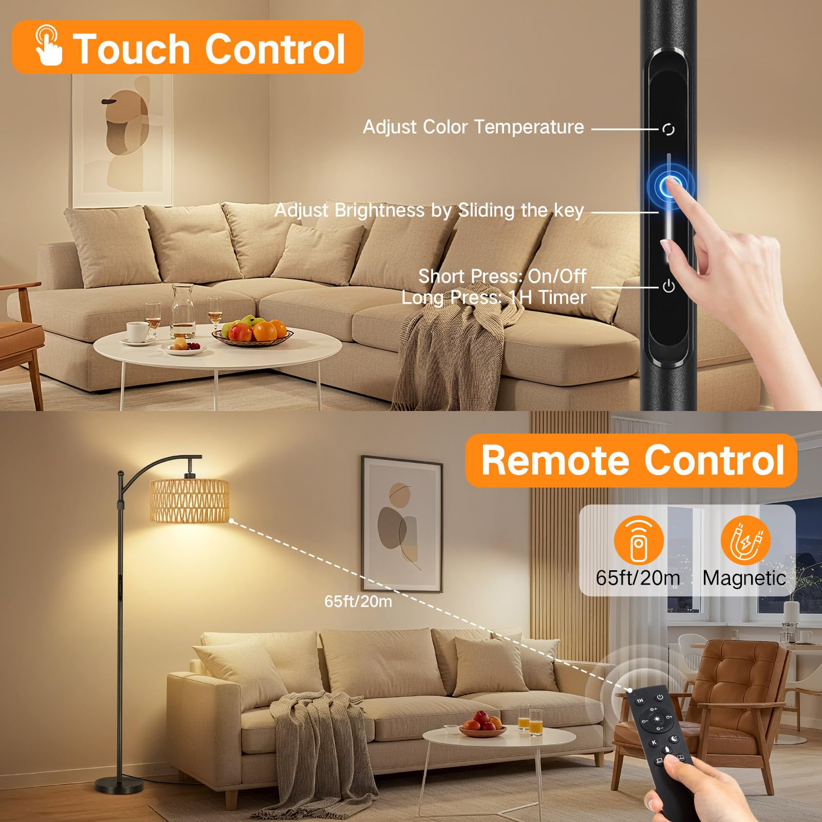 OUTON Lampada da Terra in Rattan, Lampada ad Arco Dimmerabile con App, Telecomando e Comando Touch, 4 Temperature di Colore, 2 Paralumi, Piantana LED da 12W per Soggiorno, Camera, Ufficio, Nero