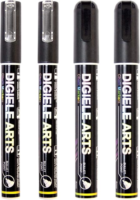 Black Chalk Marker Pen, DIGIELE 2pcs 3mm Black Liquid Chalk Markers + 2pcs 6mm Black Chalk Pens for Whiteboard, Window, Glass & Mirror, Dry or Wet Wipe Erase, Reversible Bullet or Chisel tip Chalks