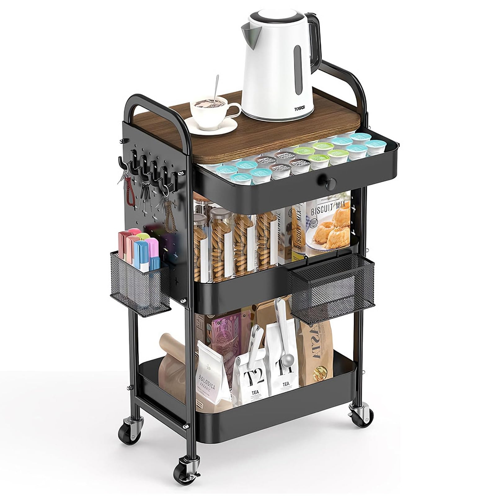 ZONJIE Carrello con cassetto e piano in legno, carrello portaoggetti a 3 livelli in metallo con ruote, pareti forate, cestini e ganci per cucina, bagno, ufficio e sala fai da te, nero