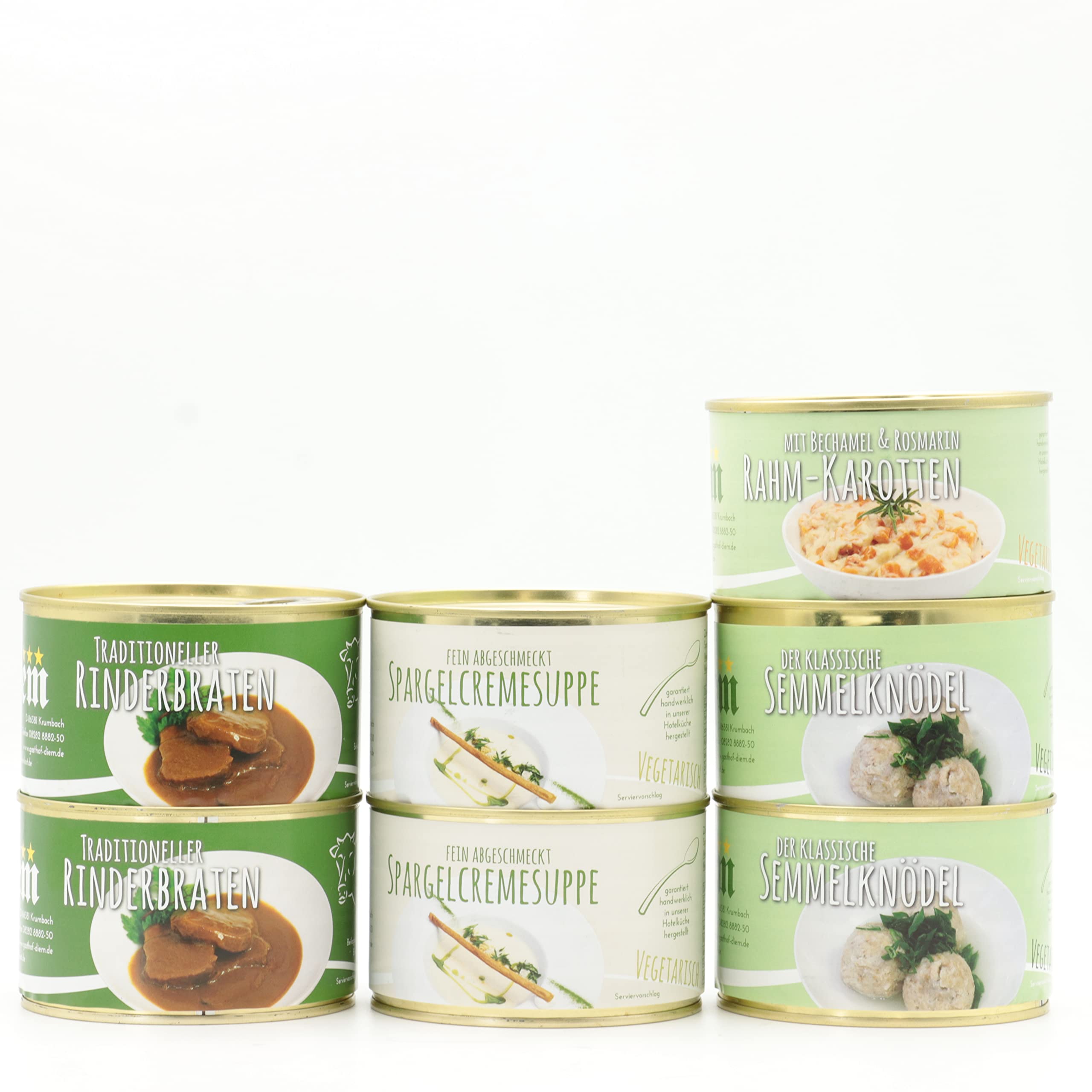 Diem - Festessen - Geschenkset - In der Konserve - 2x Rinderbraten 400g, 2x Semmelknödel 400g (270g Abtropfgewicht),1x Rahmkarotten 400g, 2x Spargelcremesuppe 400g