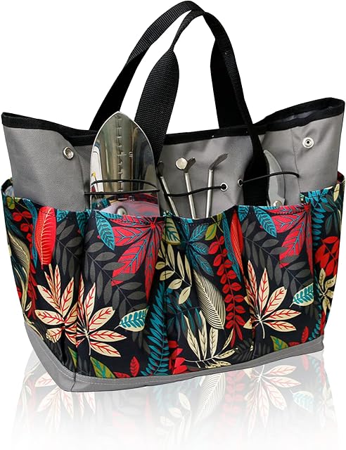 YGYQZ Gardening Tool Storage Bag with 9 Pockets - Gardening Gifts for Women, Garden Tool Holder Tote Bag Heavy Duty for Tool Set, Kit, Indoor and Outdoor, Organiser (Grey+ Printed)