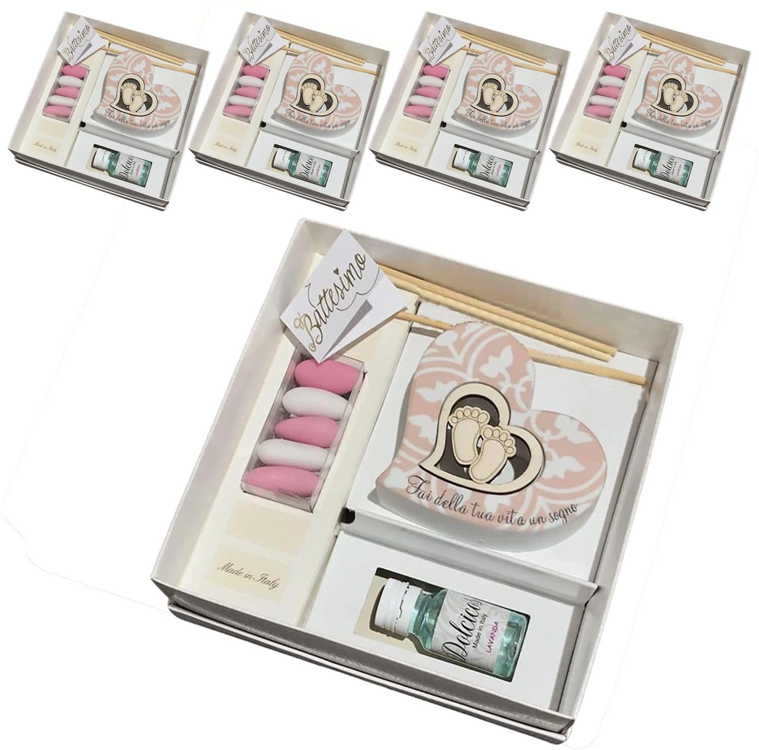 Regalami.Shop Set bomboniere Battesimo in Marmo di Carrara e Legno Naturale diffusore (4, Cuore r)