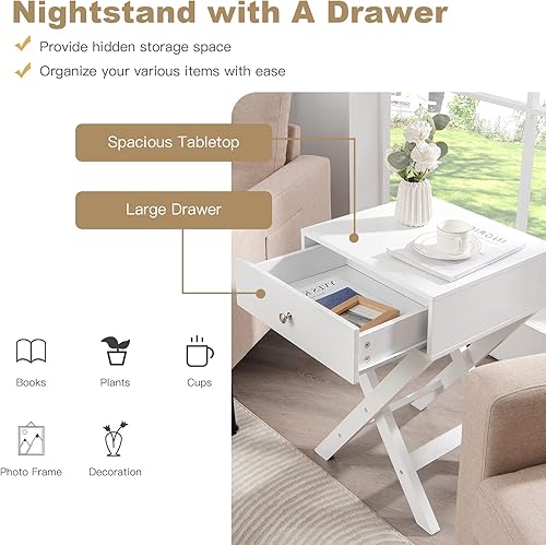 Miniatura 8 de COSTWAY Mesita de noche con cajón X estructura en forma de acento sofá mesa lateral blanco