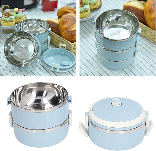 Miniatura 8 de Lonchera térmica de acero inoxidable de 3 niveles para adultos, oficina, campamento, apilable, de acero inoxidable, con compartimento térmico para