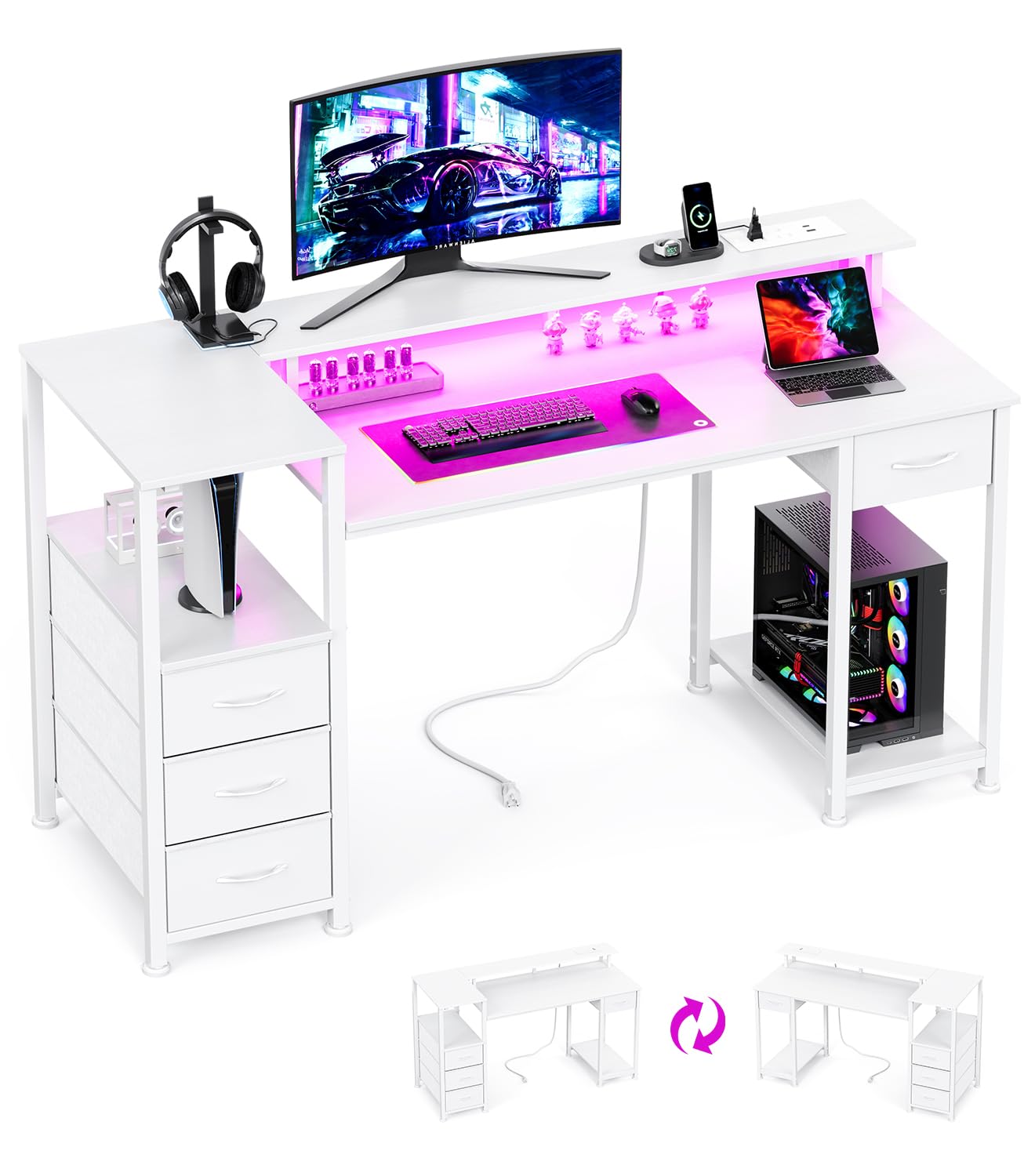 KitMent 120cm Desk with 4 Drawers, Power Outlets & USB Ports, White