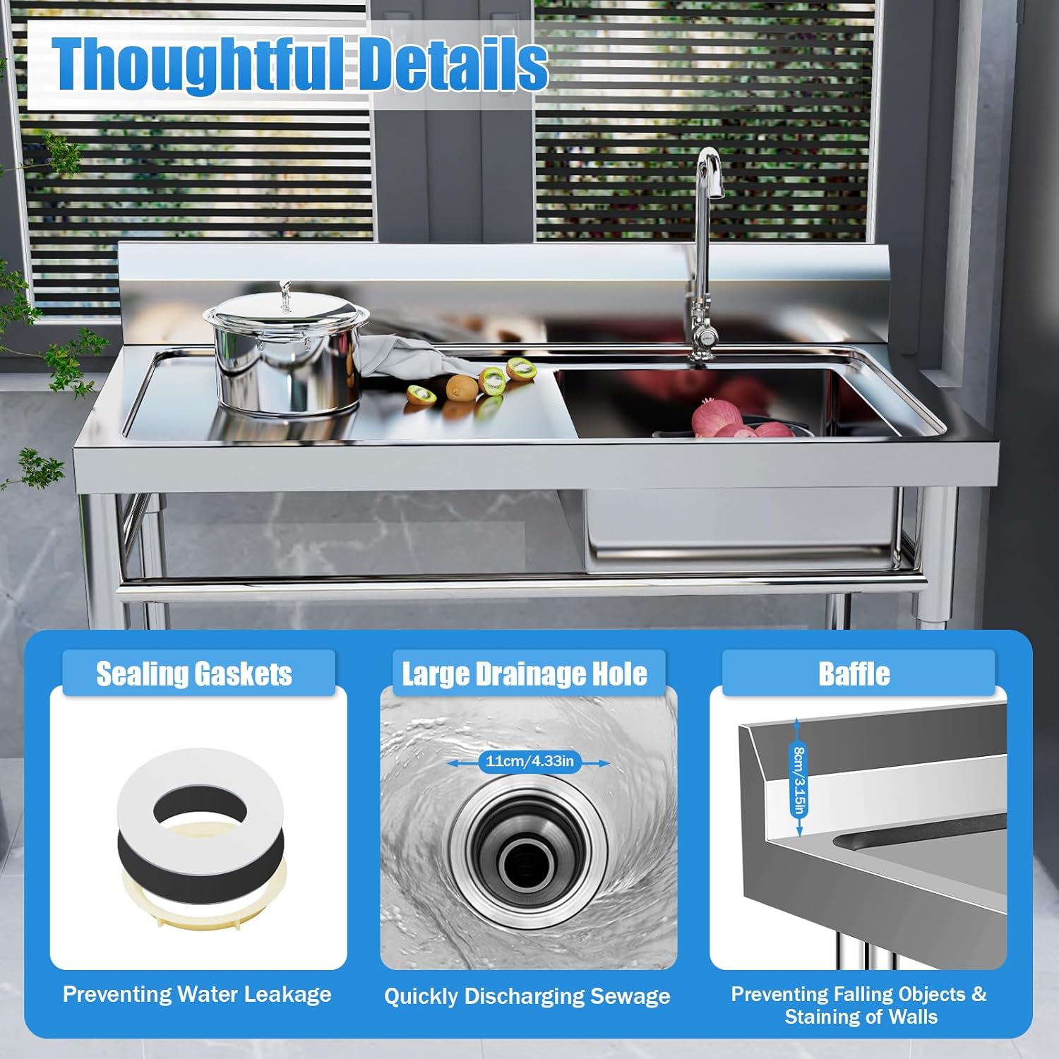 Stainless Steel Utility Sink, Commercial Kitchen Prep Utility Sink with Drainboard & Faucet, Free Standing Sink Stainless Steel Sink with Prep Table Large Single Bowl