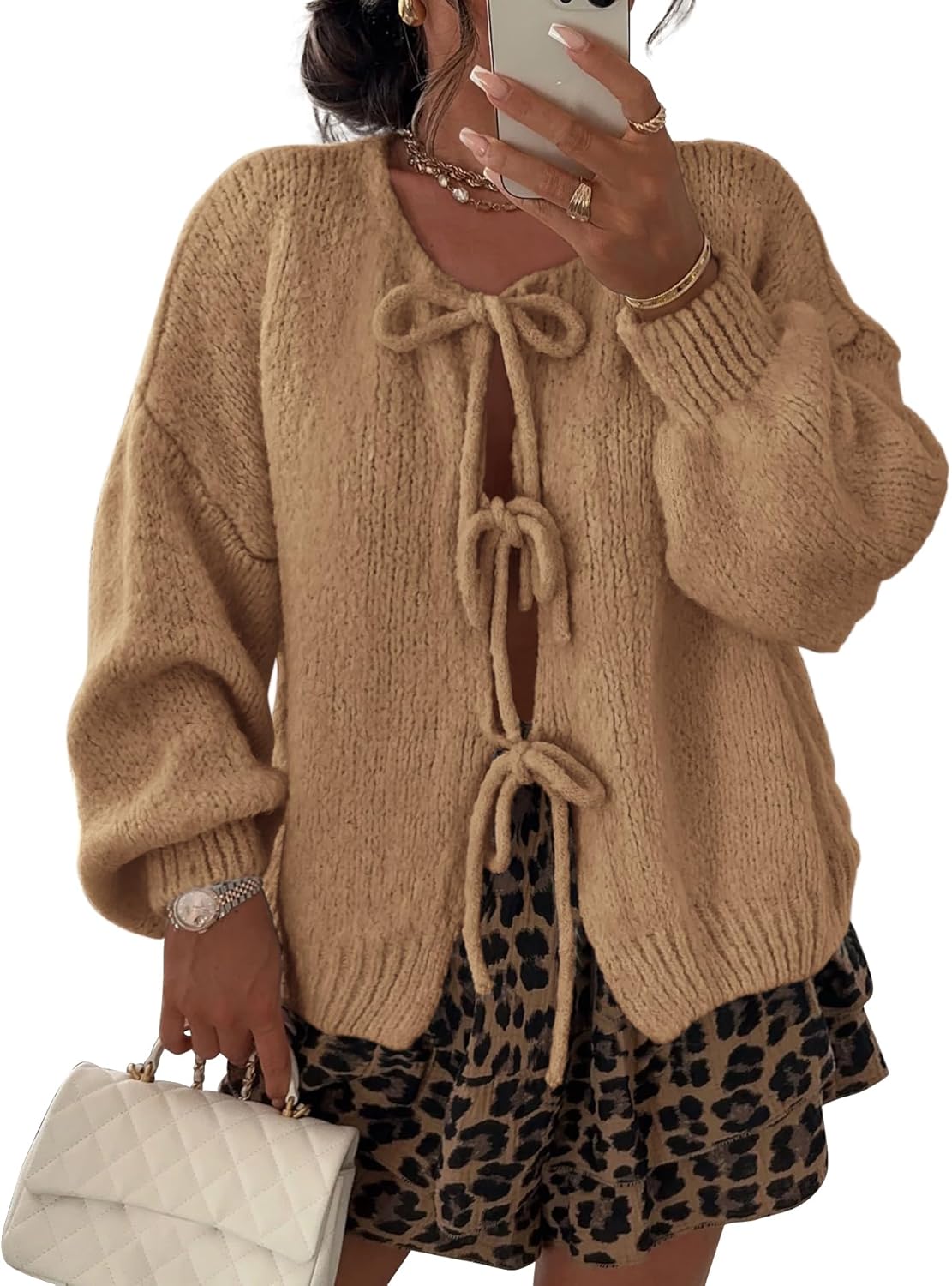 ATHMILE Women’s Tie Front Bow Cardigan Sweaters Chunky Knit Long Puff Sleeve Trendy Fall Winter Jacket Coats 2025