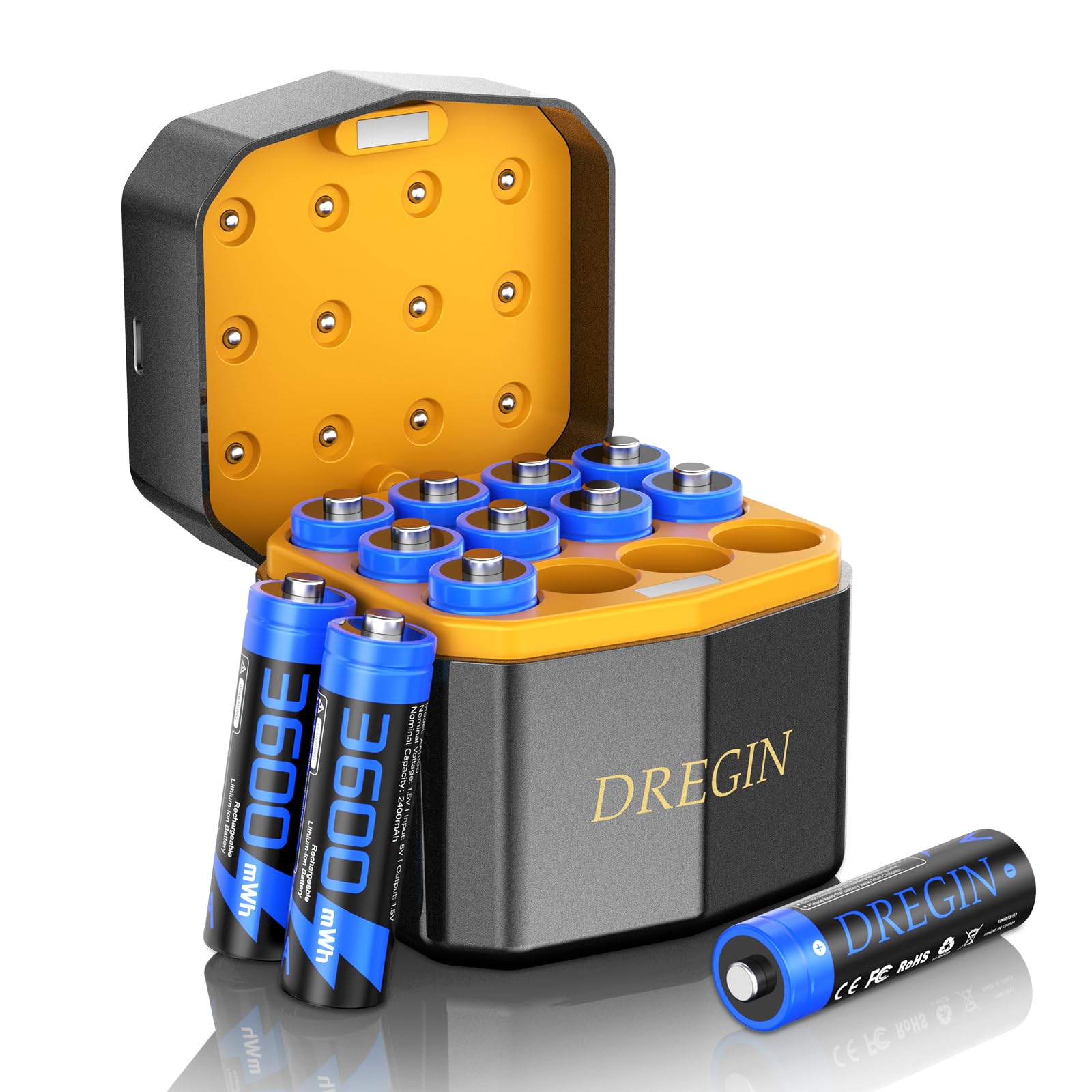 Batterie al litio ricaricabili AA con caricabatterie, 1,5 V, 3600 mWh, ad alta capacità, 2000 cicli, ricaricabili a lungo (blu)