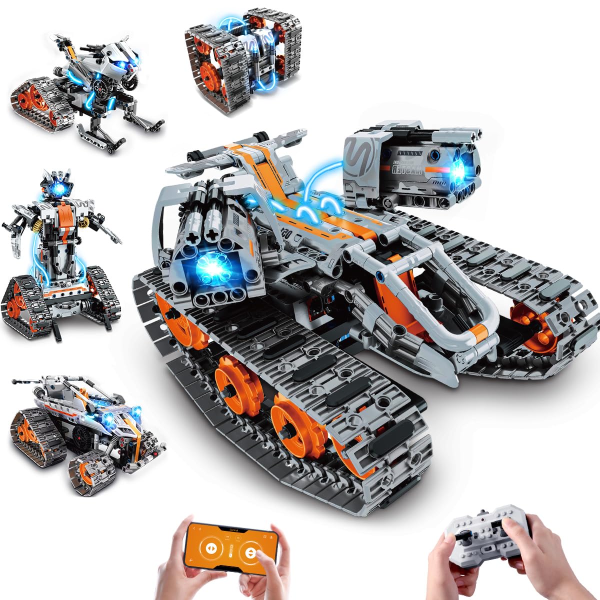 INSOON Tank Building Toys with Cool Light, APP Remote Control Robot Rechargeable Sleigh Tracked Racer Building Block Set, Toy Gift for Kids Boys Girls 6 7 8 9 10 11 12+ Years Old