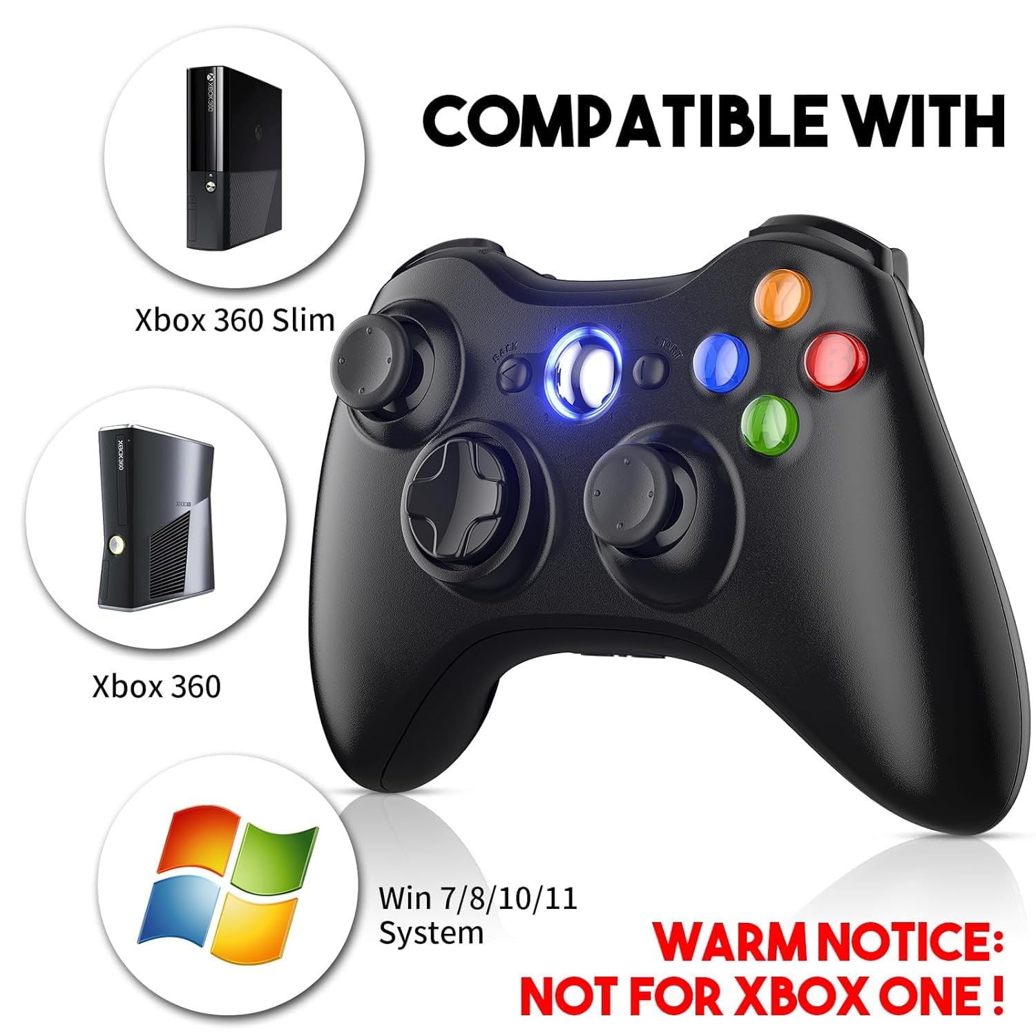Bonacell Controller wireless per Xbox 360 Controller per PC con adattatore USB da 2,4 Ghz Design ergonomico e controller di gioco a doppia vibrazione per Xbox 360/Slim/Pc Windows 7/8/10