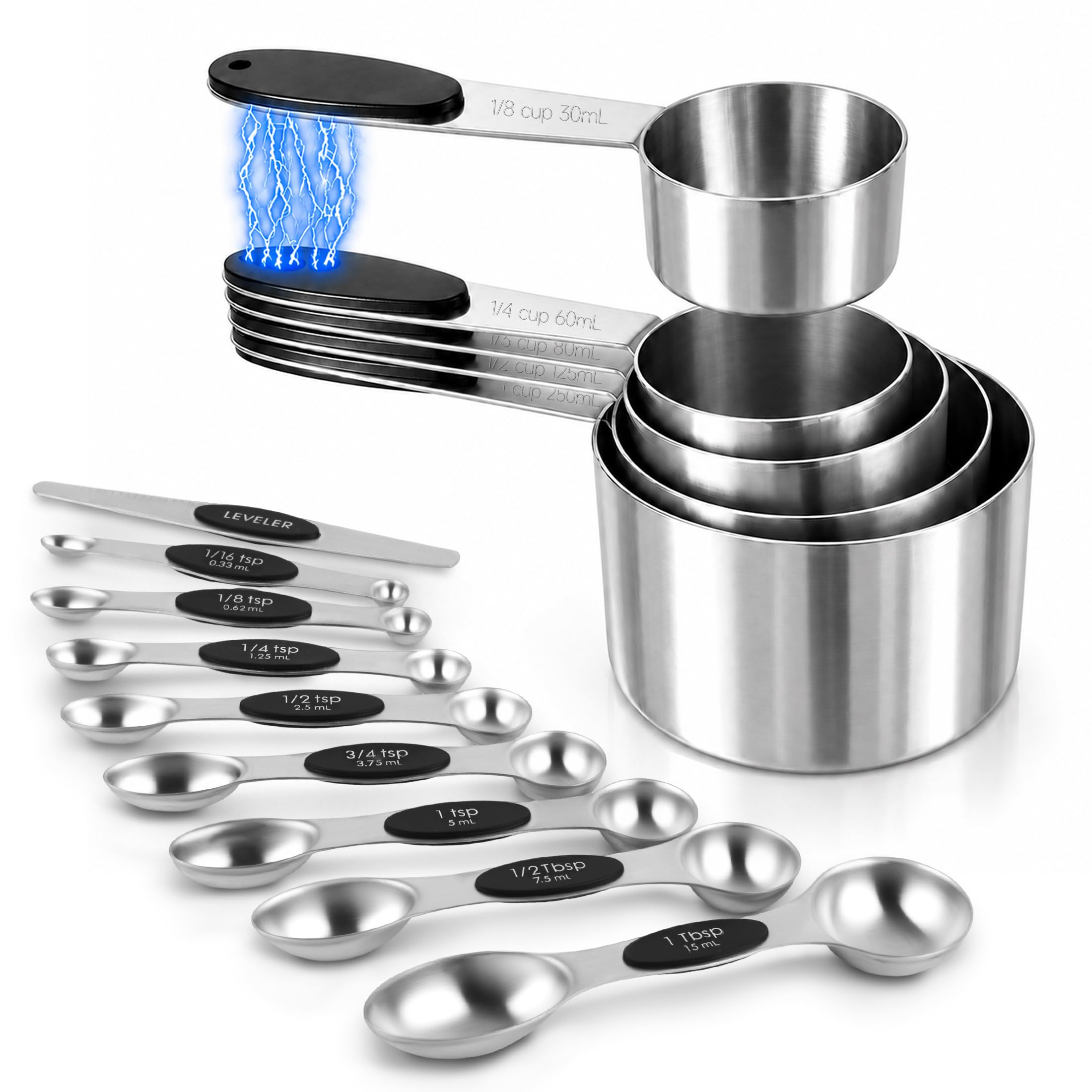 Strelitsia Magnetic Measuring Cups and Spoons Set, Strong N45 Magnets, 304 Stainless Steel, Double-Sided Measuring Spoons, 14-Piece Set with Leveler for Baking & Cooking