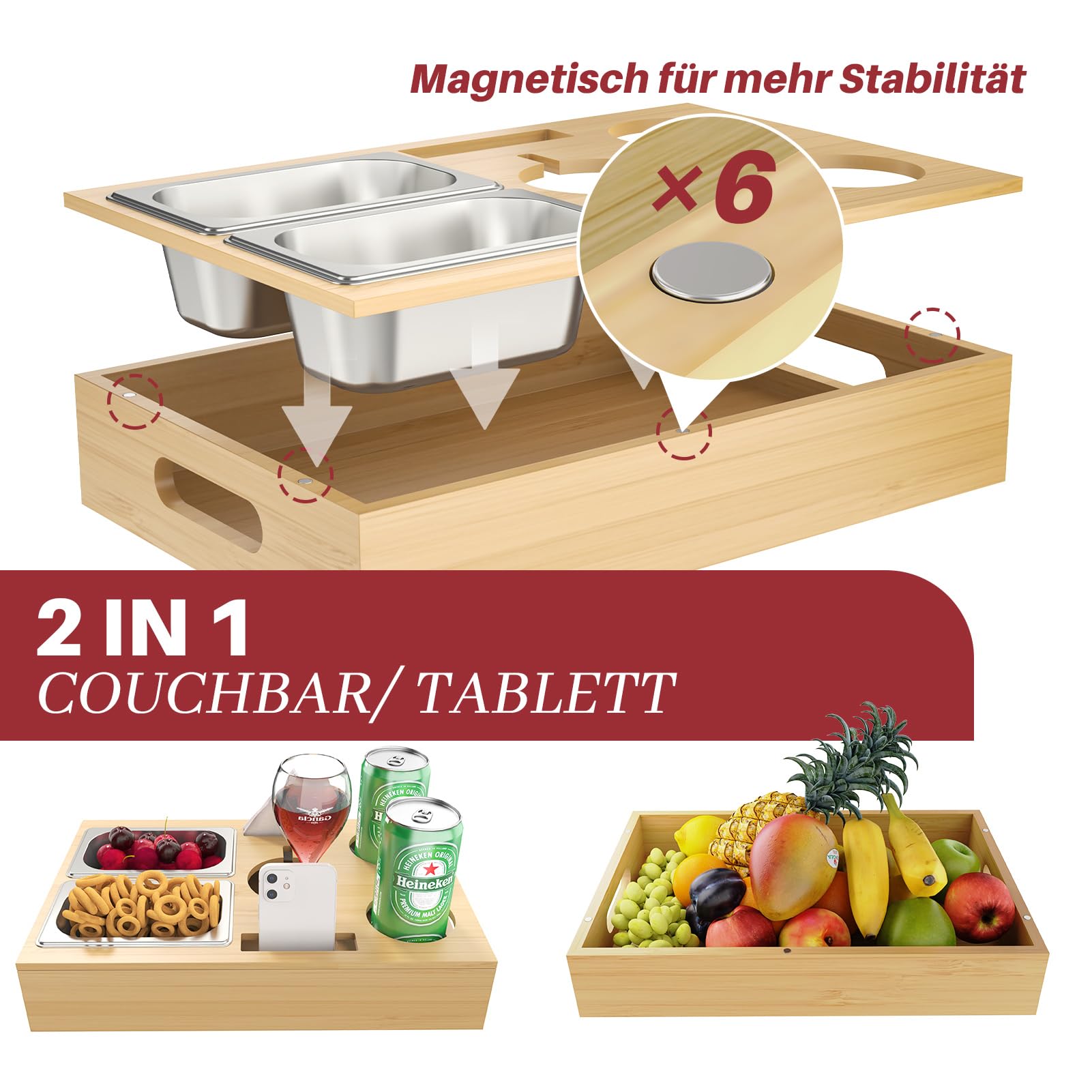 WELDUN 2-in-1 bankbar, snackbox, bamboe, met 2 roestvrijstalen