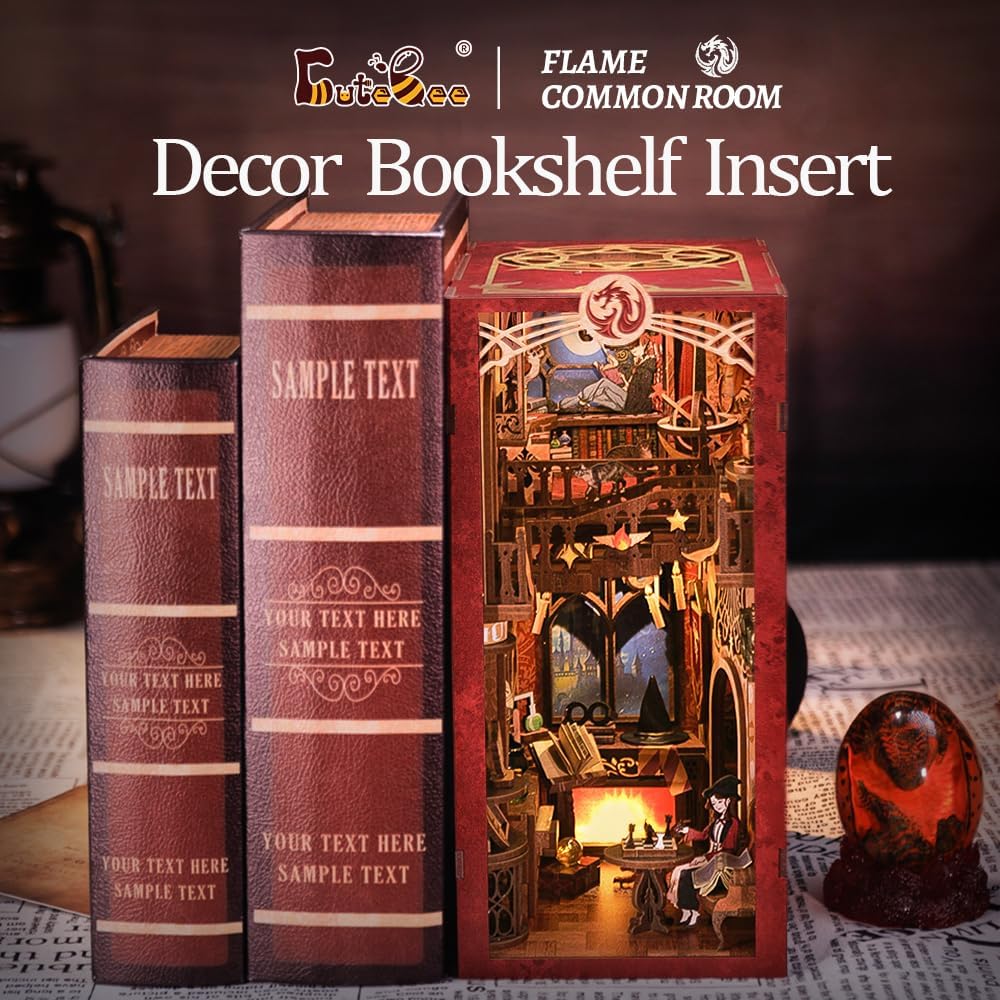 CUTEBEE DIY Book Nook Kit casa delle bambole con copertura antipolvere miniatura diorama booknook kit con luce LED,3D kit di modellazione in legno,da costruire(Flame Common Room)
