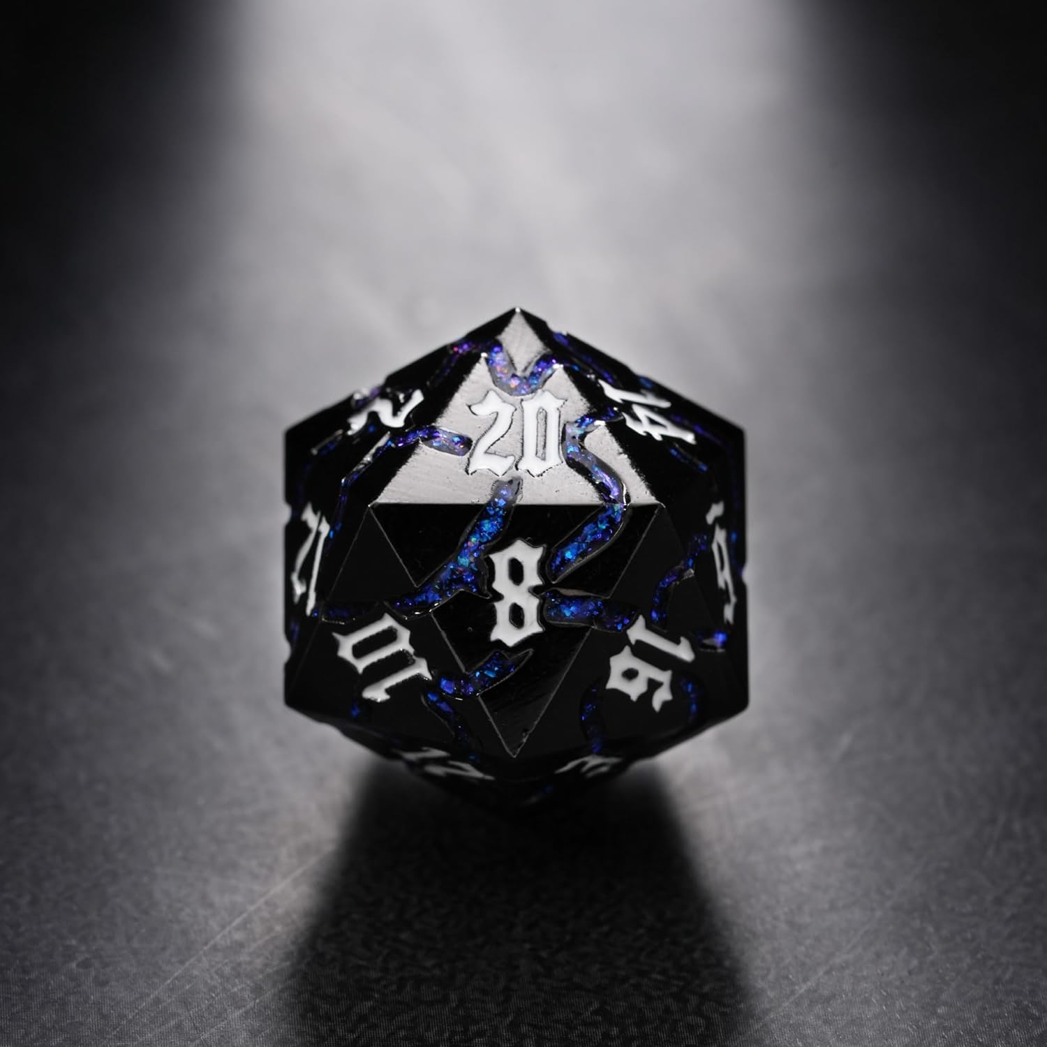Soar Forge Metal Dice for DND - Beautiful Cracked Glitter Metal Set - Polyhedral Dice Compatible with Dungeons and Dragons and Other RPG, Perfect for D&D (Gunmetal Blue Glitter)