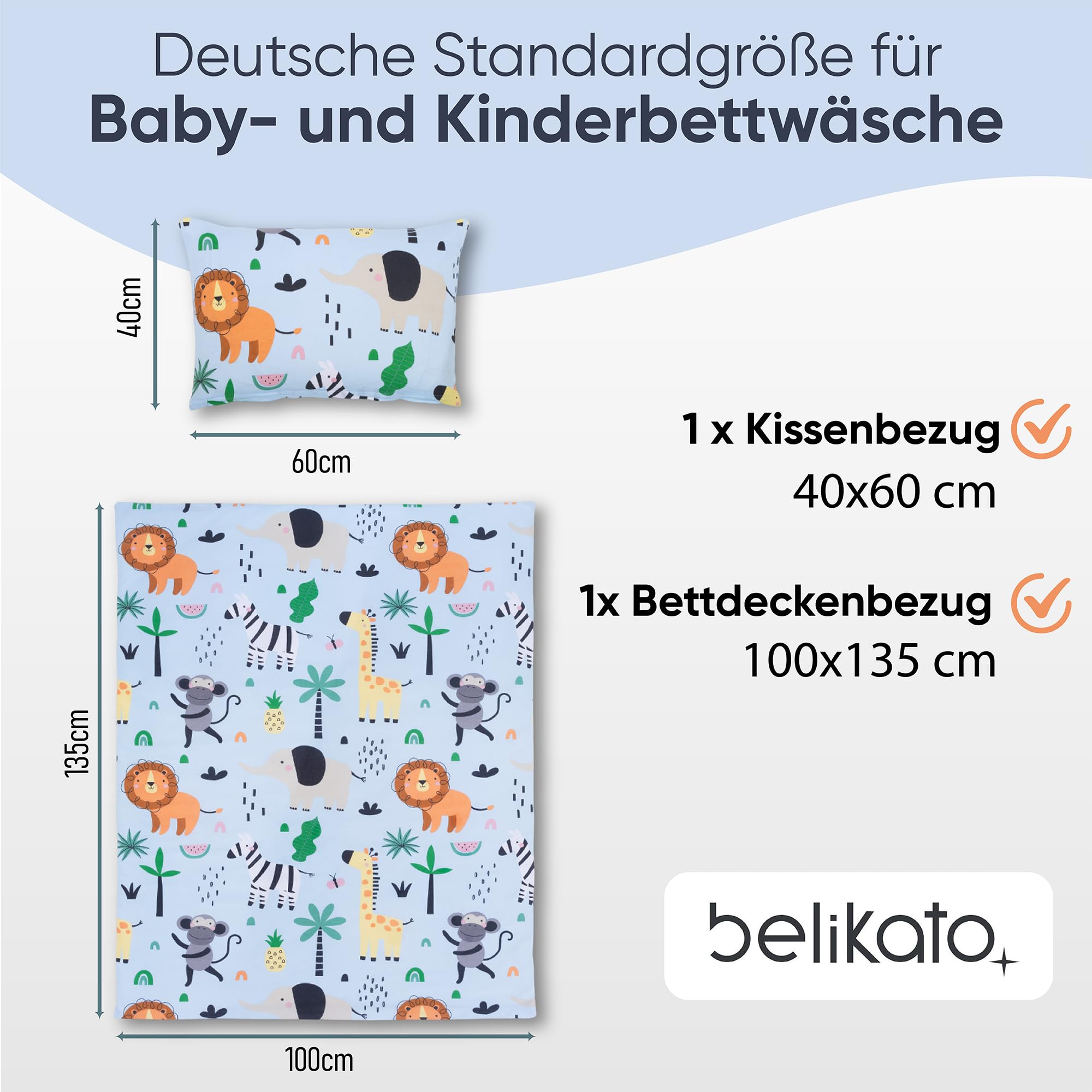 Pościel dziecięca 100 x 135 ze 100% bawełny ze zwierzętami w zoo – komplet pościeli dziecięcej i niemowlęcej dla chłopców z poszewką na poduszkę i kołdrę w kolorze niebieskim (100 x 135 i 40
