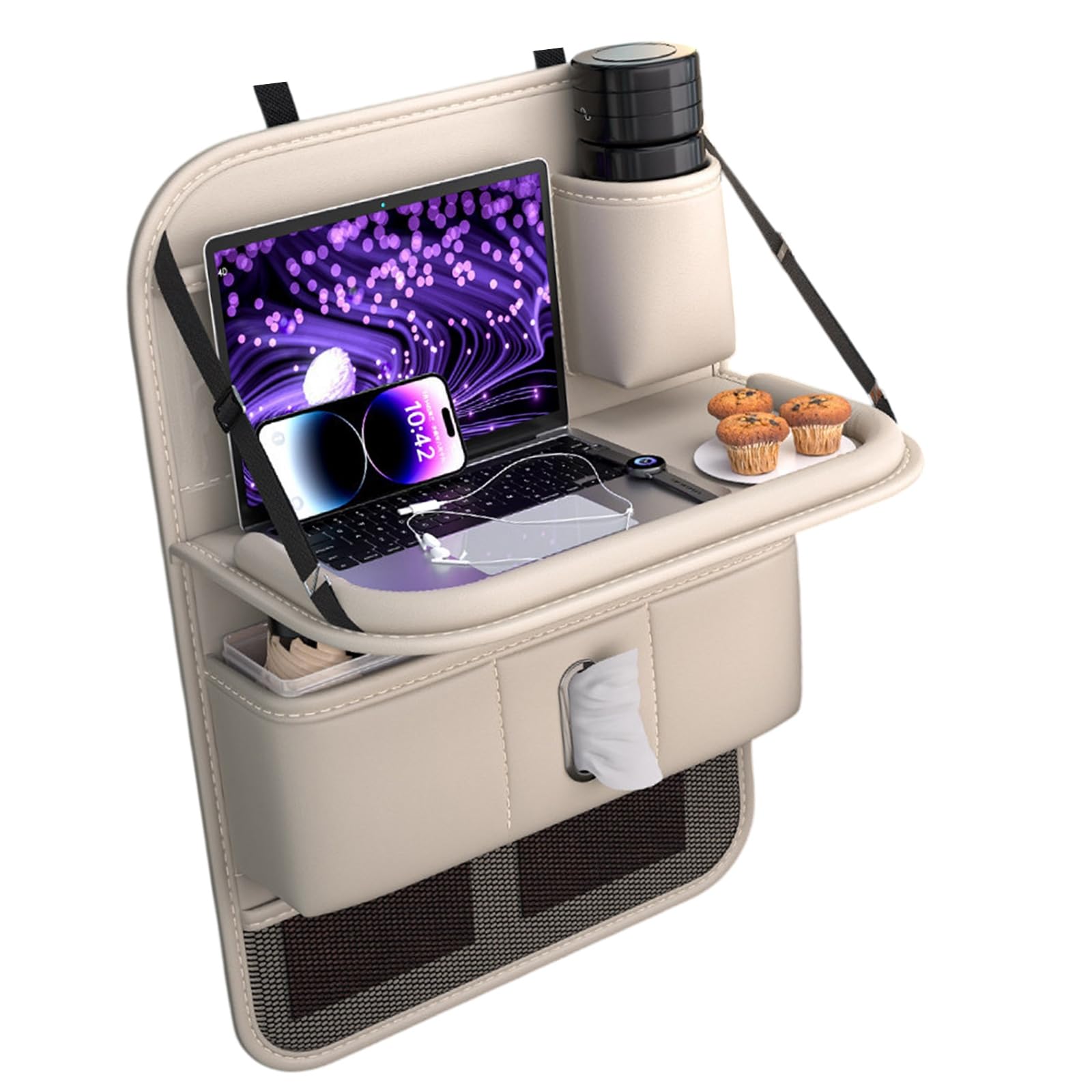 CRFFZ Seatback Organizer for Autos with Folding Table, Tissue Holder, Cup Pocket, Kick Mat Panel for Road Trip Storage Auto Backseat Tray Seat Rear Pocket Vehicle Cabin Storage