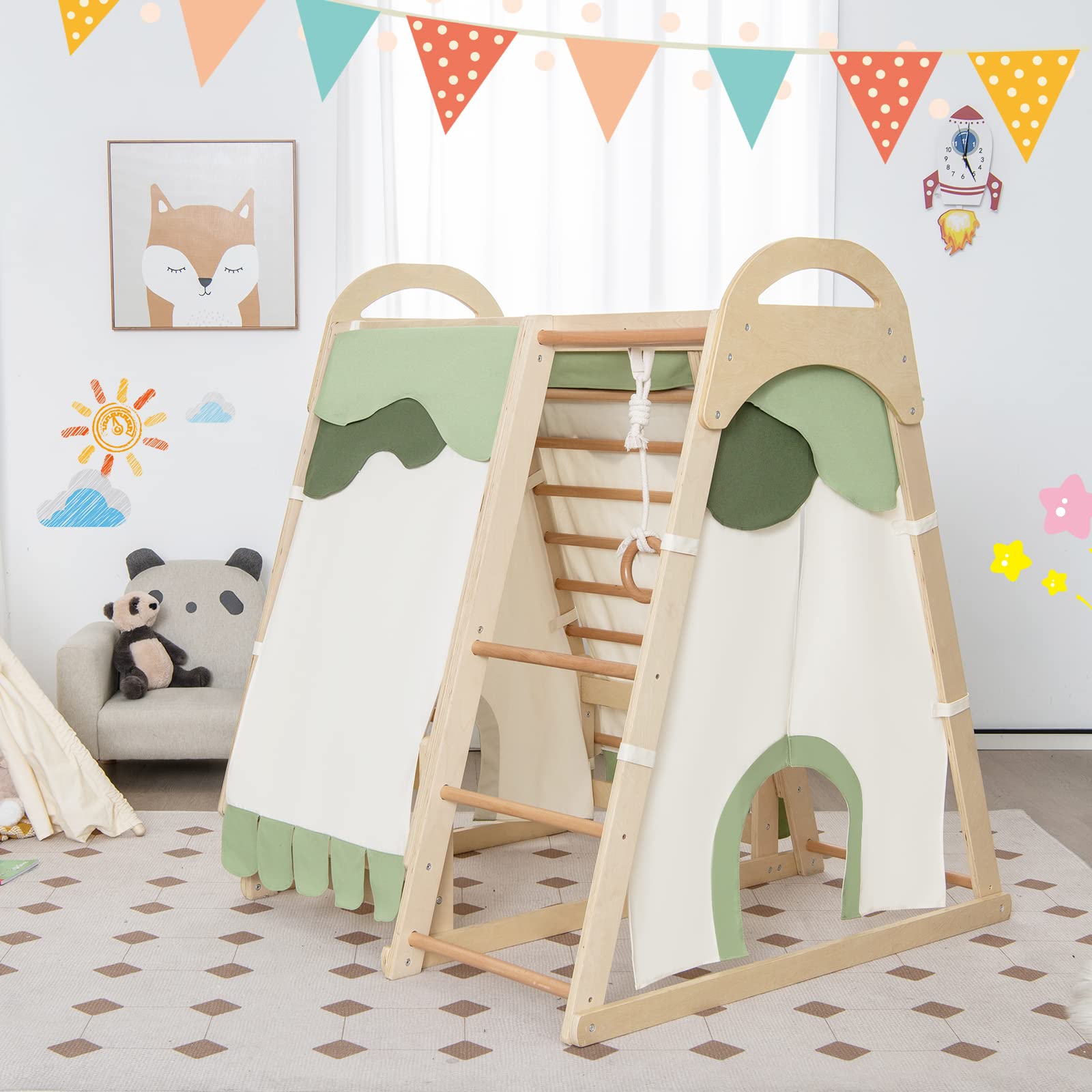 COSTWAY 6 in 1 Parco Giochi per Bambini, Set Arrampicata in Legno con Scivolo, Anelli da Ginnastica, Rete da Arrampicata, Palestra da Interno per Bambini (Naturale)