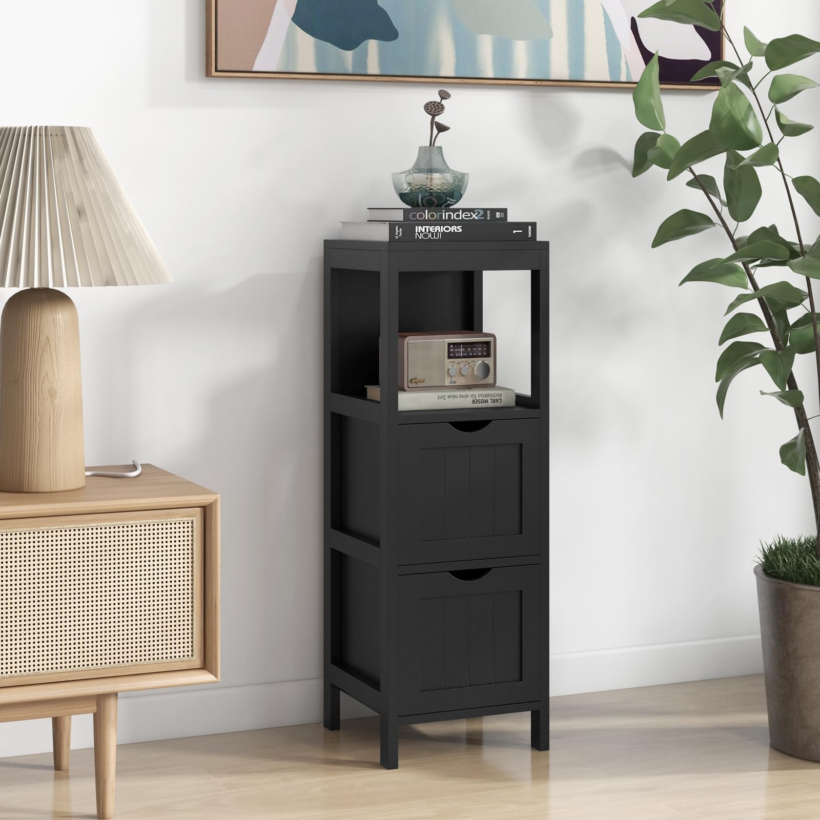 Lifezeal - Mueble de baño con 2 cajones extraíbles, armario de madera con estante abierto, 30 x 30 x 89,5 cm, color negro