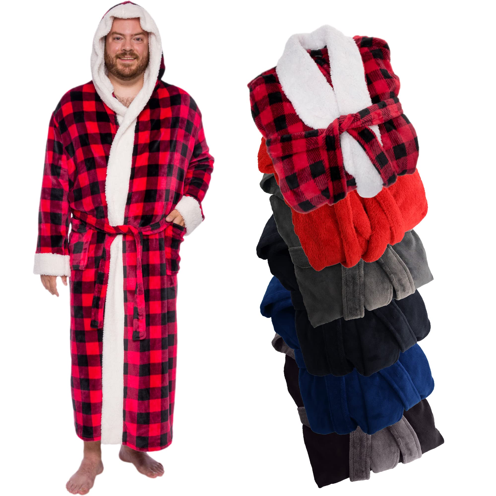 Ross Michaels Mens Luxury Robe Hooded Big and Tall - Long Plush Fleece Bath Robe with Hood and Pockets- Gift Men and Teens