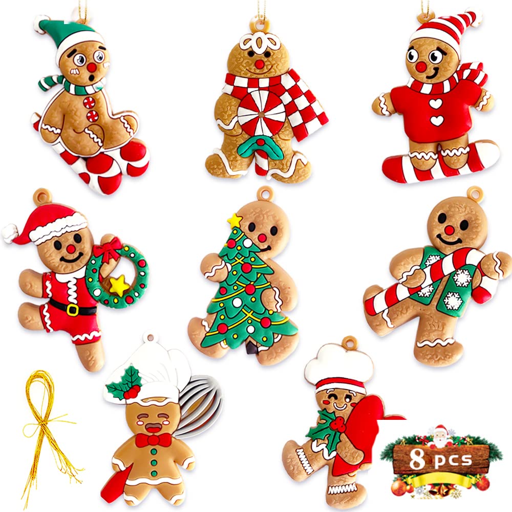 8PCS Christmas Gingerbread Ornaments, Ginger Man Clay Figurine with Strings Hanging Ornaments for Xmas TreeHoliday Party Festive Season Birthday Gift