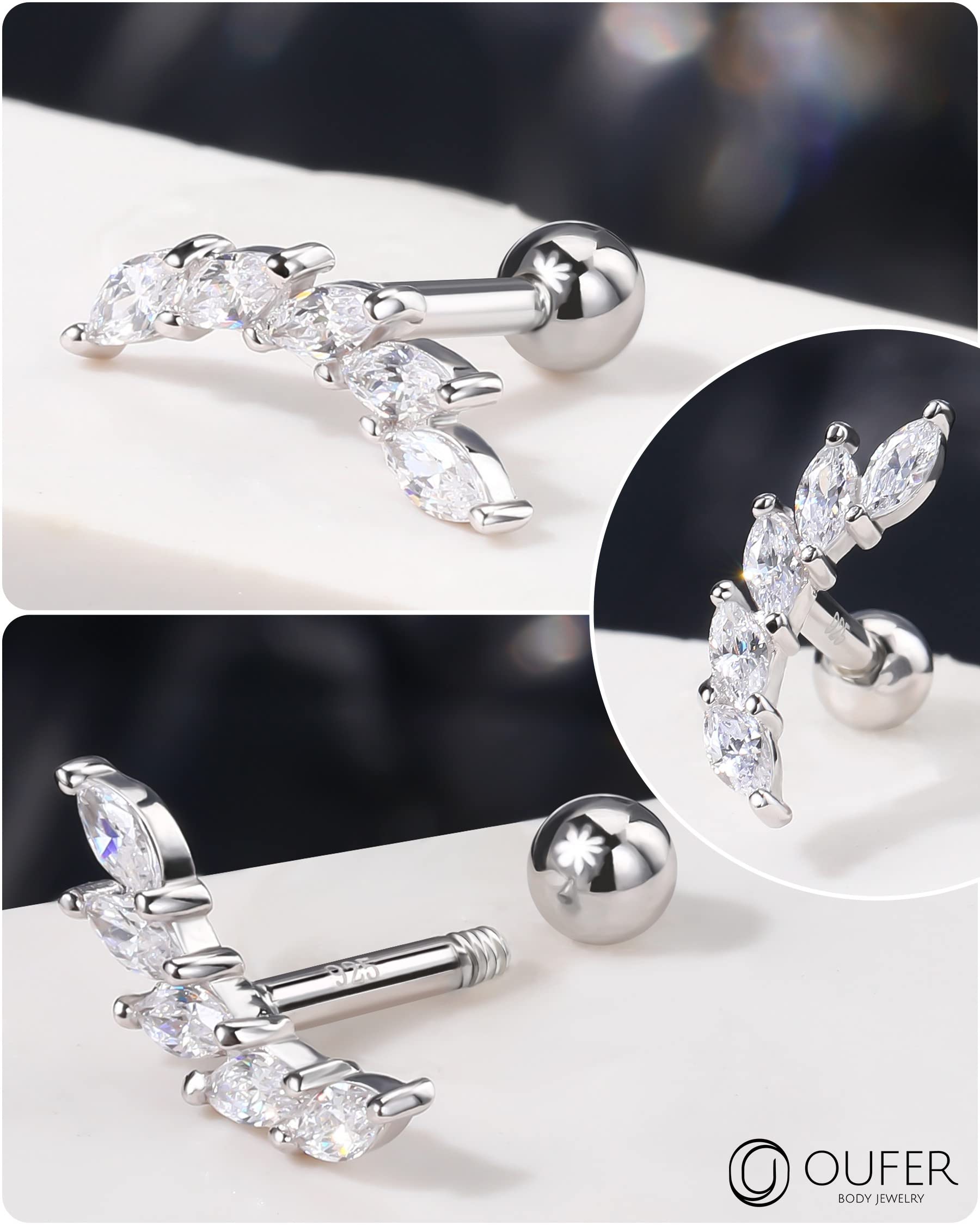 OUFER Helix Piercings Jewellery - Piercing a forma di conchiglia, in argento Sterling 925, per cartilagine e cartilagine, 16 G, AAA+, con zirconia cubica, regalo per donne e ragazze