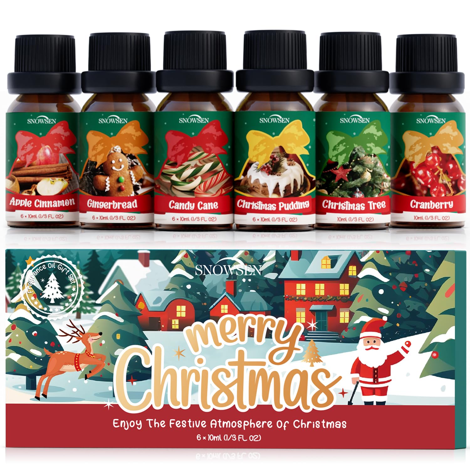 Christmas Fragrance Oil Set, SNOWSEN Winter Essential Oils for Diffuser & Aromatherapy, Apple Cinnamon, Christmas Pudding, Candy Cane, Gingerbread, Cranberry Scented Oil for Candle Making