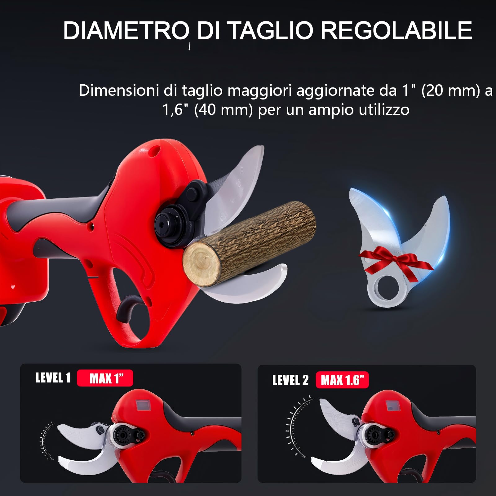 OUTIGO Forbici Potatura Elettriche, Dotato di 2 batterie da 3000 mAh, 40 mm, con display, motore brushless, adatto per giardinaggio, alberi da frutto, vigneti