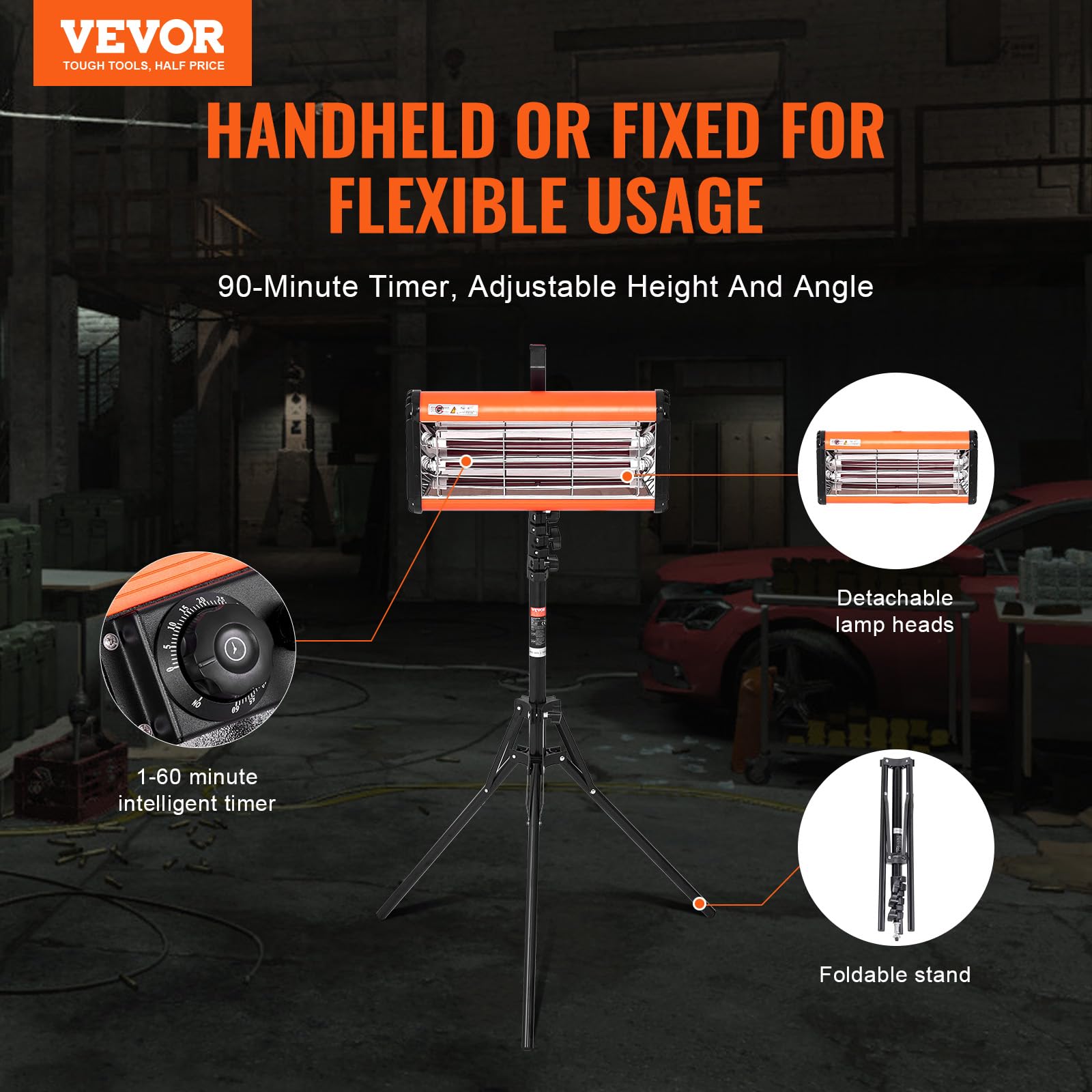 VEVOR Infrarot-Härtungslampe, Hand-/Ständer-Doppelnutzung, 2000 W, 0–90 Min. Zeiteinstellung, Auto-Härtungslampe mit automatischer Heizung und Halterung, 32 m² große Sprüh-/Backkabinenheizungen