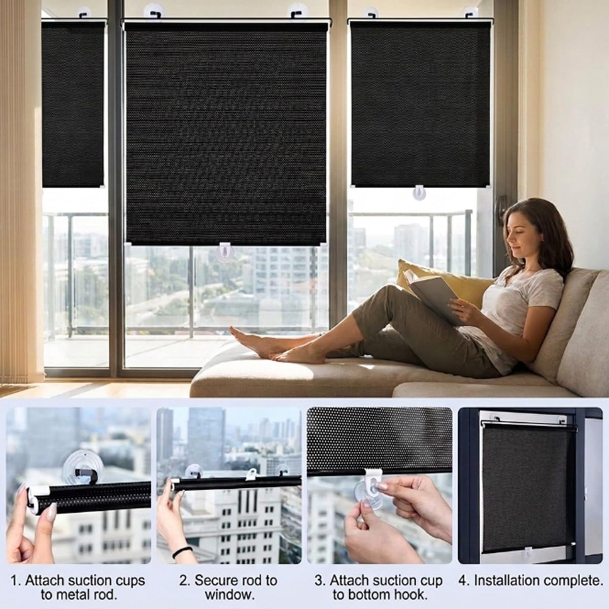 Tende Oscurante con Ventose, Tapparella Senza Foro per Interno, Tende a Rullo Parasole Protezione Solare Termica Retrattile Portatile per Finestre Casa Auto Ufficio, Nera(28"Wx54"H)