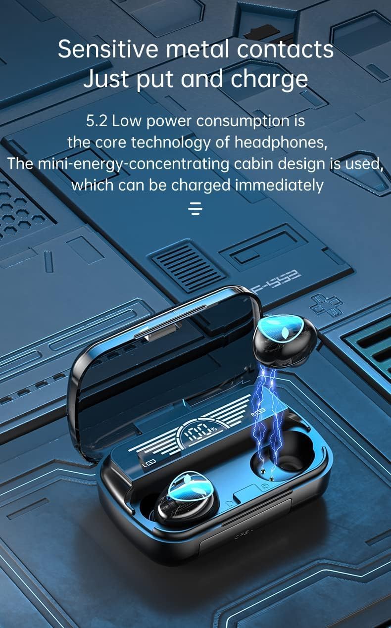 Generic M20 charging case with earbuds inside, showing digital battery display and charging contacts.