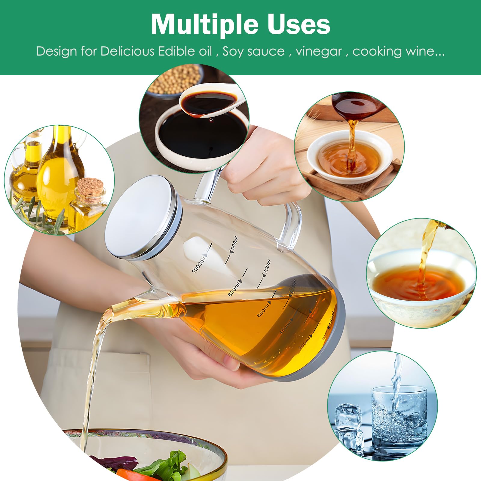 JTOOYS Cooking Oil Dispenser, 1 L Measuring Olive Bottle Vinegar with Brush  & Cleaning Handheld Jug Non-Drip Spout Leakproof Condiment Container Pourer  Soy : Amazon.co.uk: Home & Kitchen