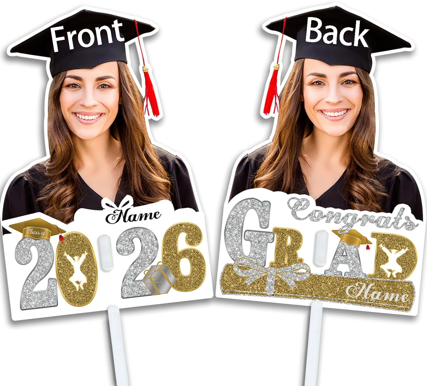 Dicodes Personalized Graduation Face Fan 2026 Grade Custom Double Sided Face Cutout Fan with Handle Photo Booth Prop Party Supplies(B-Champagne and Silver,3pcs)