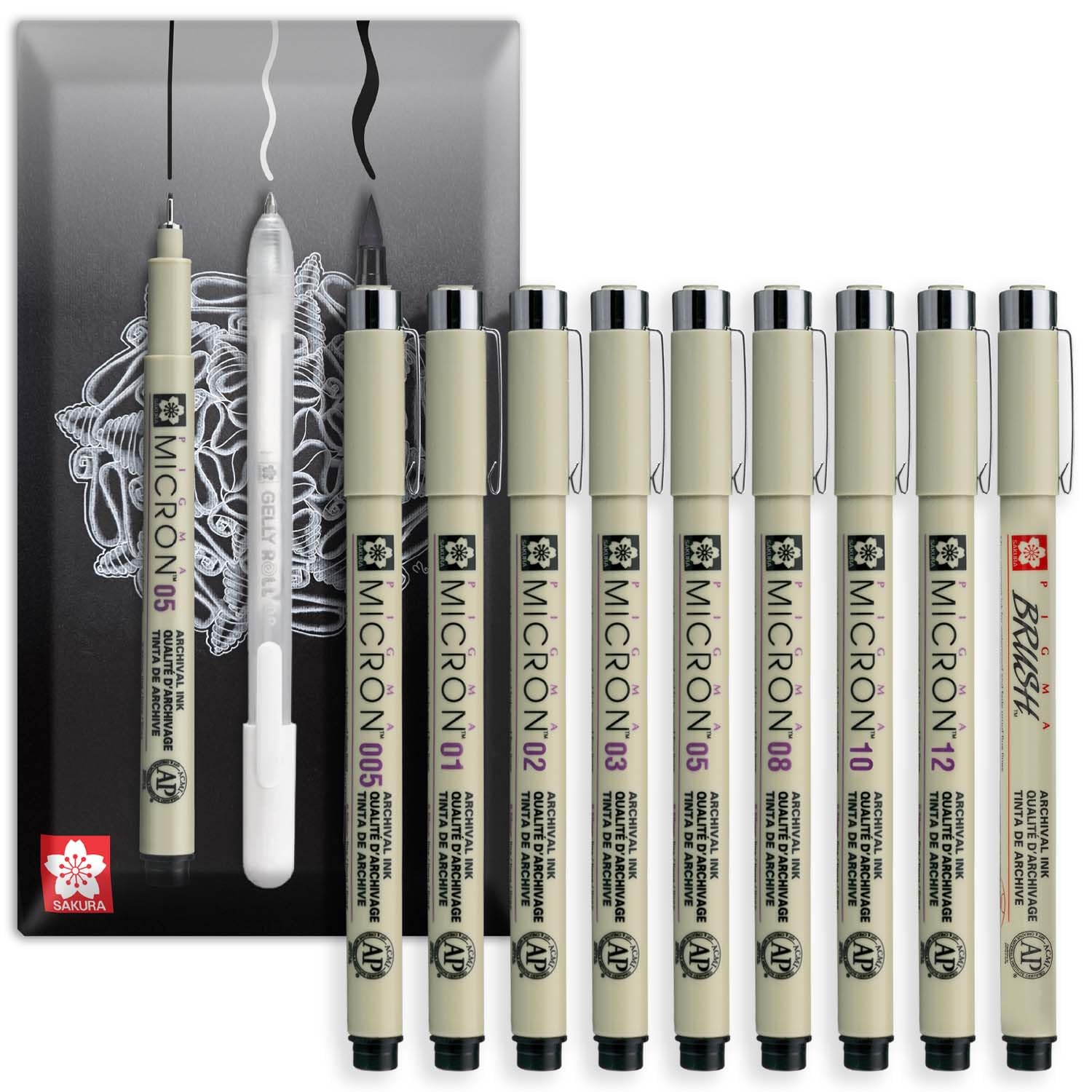 SAKURA Pigma Micron Fineliner Pigment Pen - Fine to Broad + Brush - Waterproof, Fade-Resistant & Permanent Black Ink - Envelope Gift Packaging - Set of 9 Grades