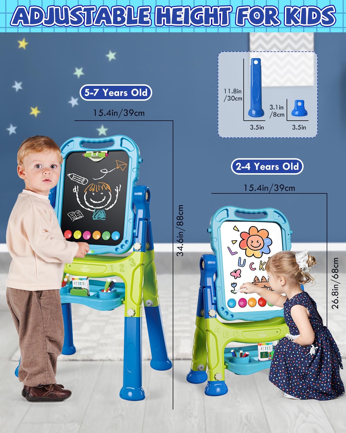 Caballete para niños, caballete de arte 4 en 1 de doble cara para niños con pizarra blanca magnética y pizarra de tiza, caballete ajustable para niños y niñas con accesorios de dibujo y 2