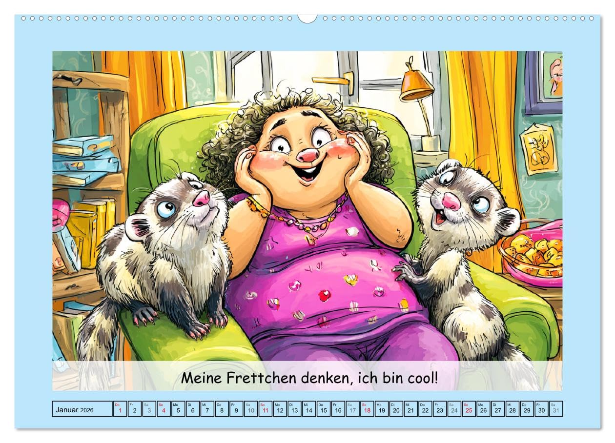 Frettchen. Lustige Cartoons und witzige Sprüche (hochwertiger Premium Wandkalender 2026 DIN A2 quer), Kunstdruck in Hochglanz: Lustige Cartoons über ... flauschig, fantastisch! (CALVENDO Tiere)